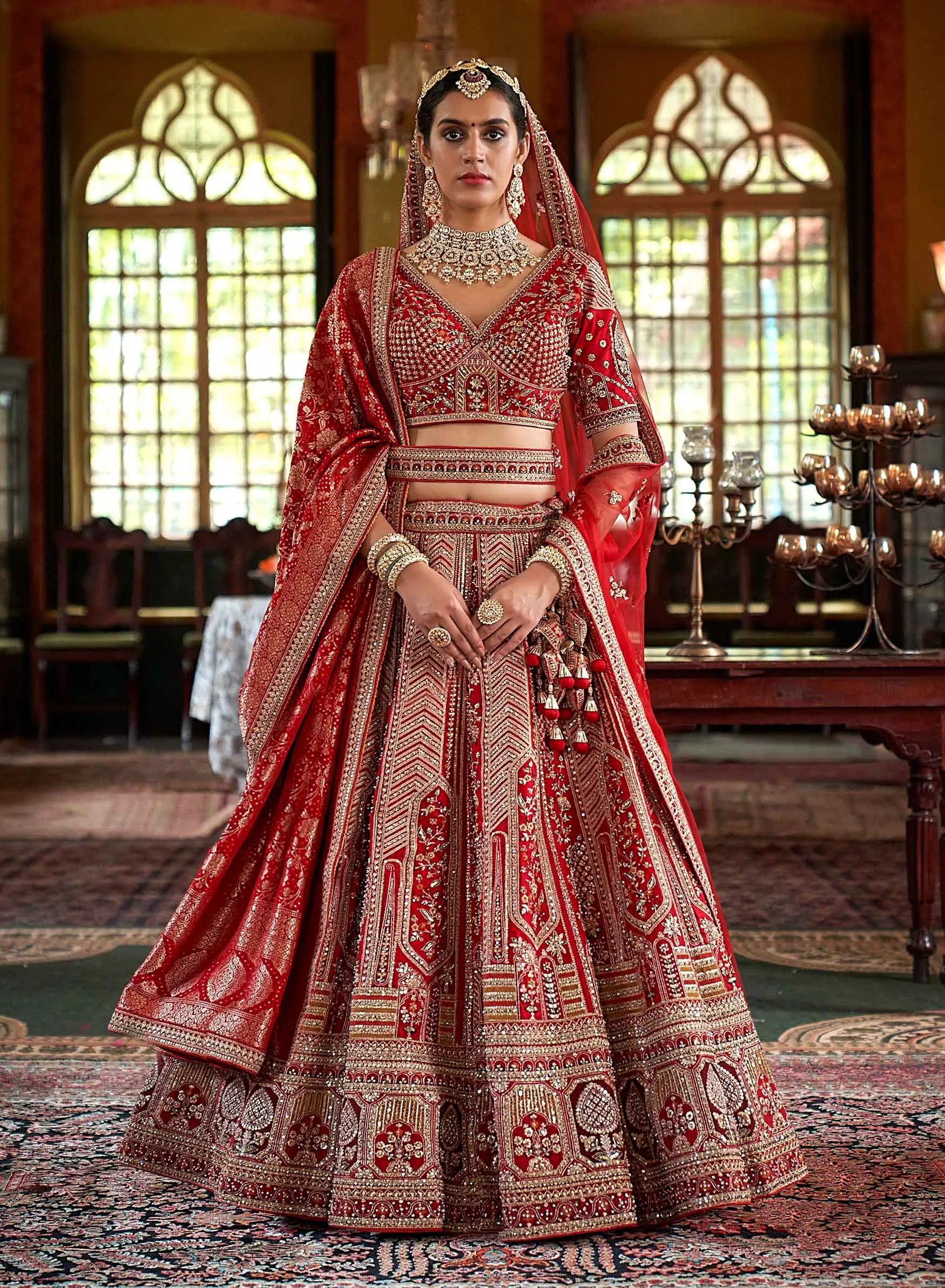Red Bridal Lehenga With Heavy Embroidery & Pearl Work - qivii