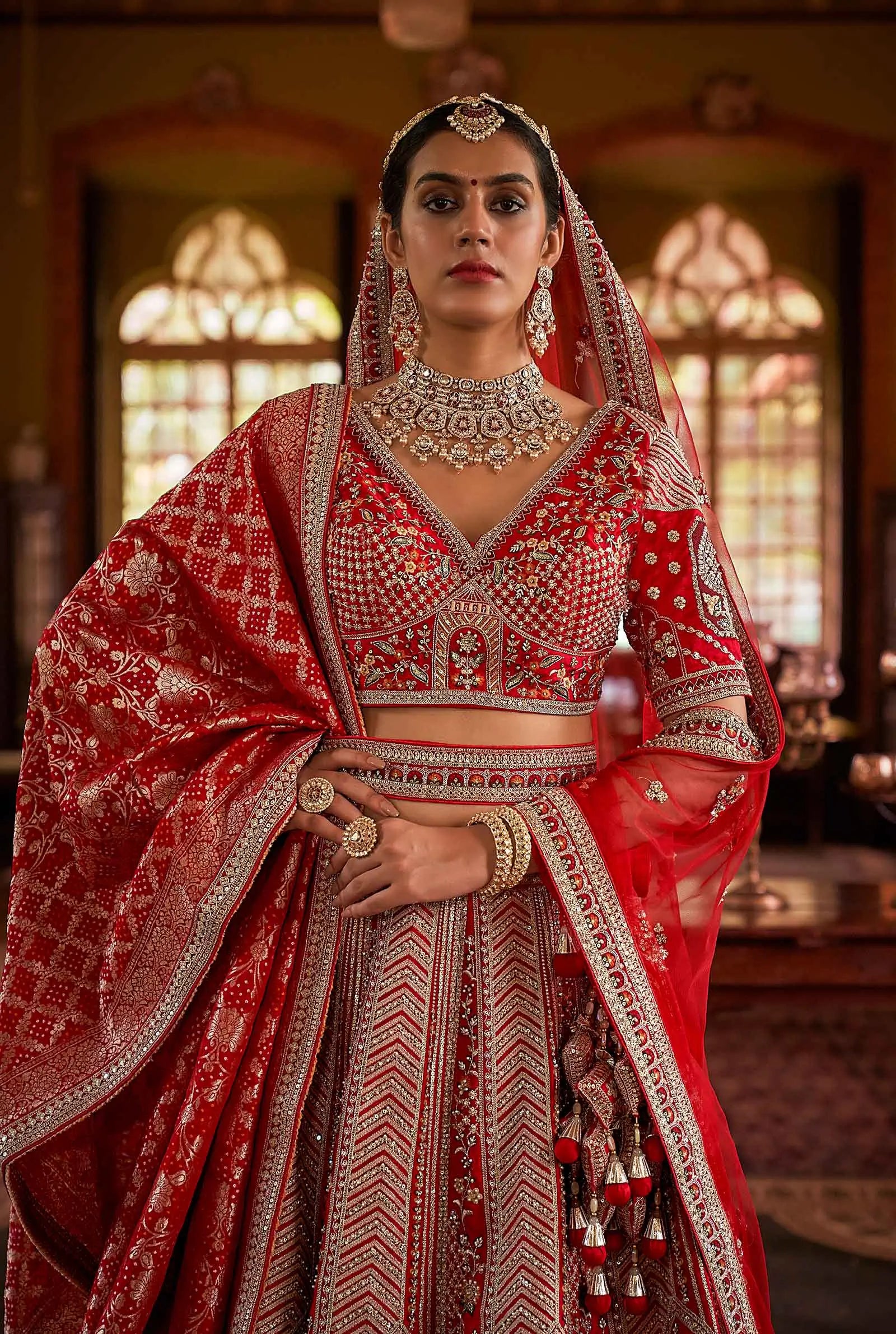 Red Bridal Lehenga With Heavy Embroidery & Pearl Work - qivii