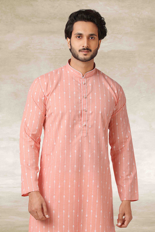 Men's Cotton Printed Work Kurta Pajama In Pink Colour