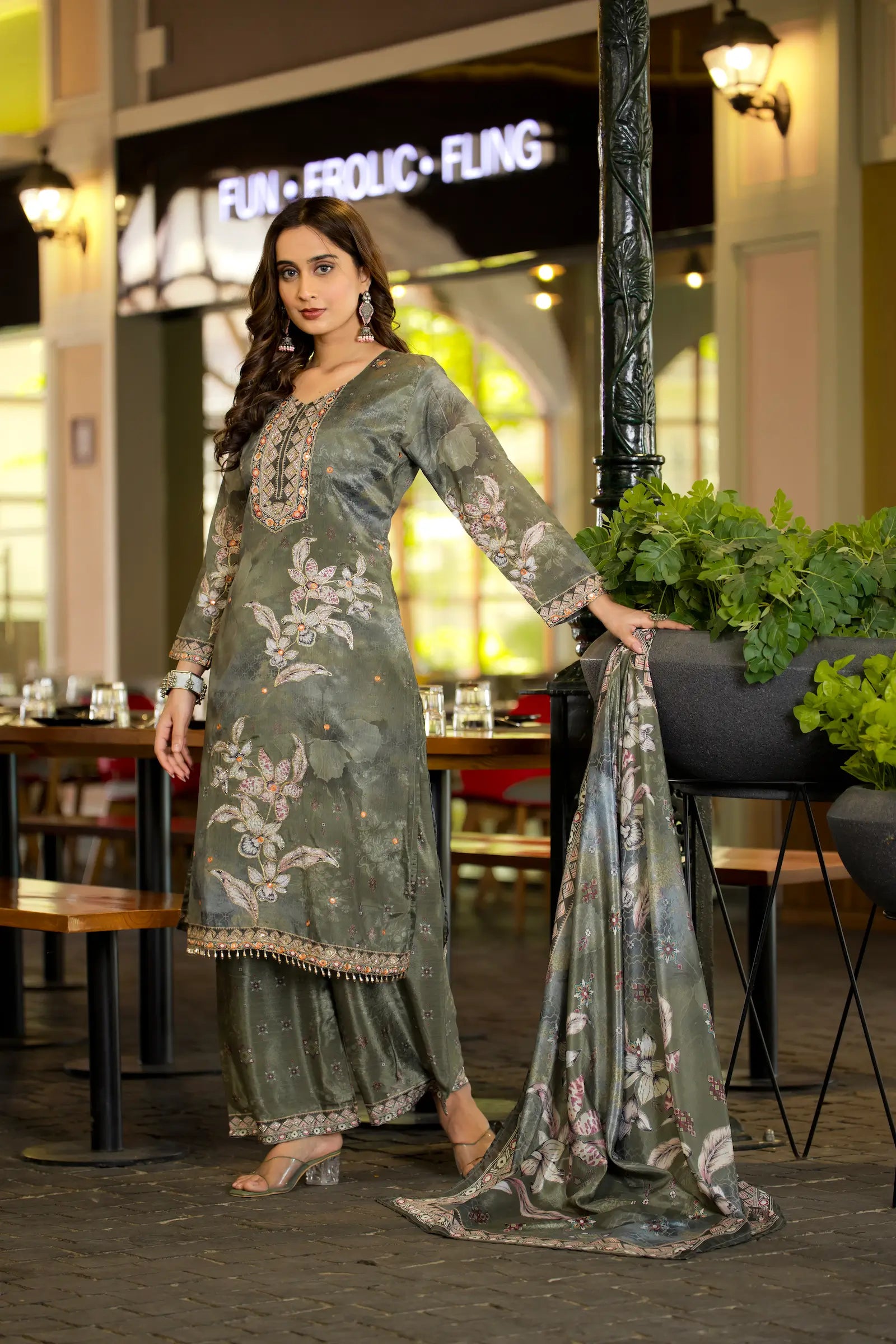 Olive Green Chinon Handwork & Printed Salwar Suit - qivii