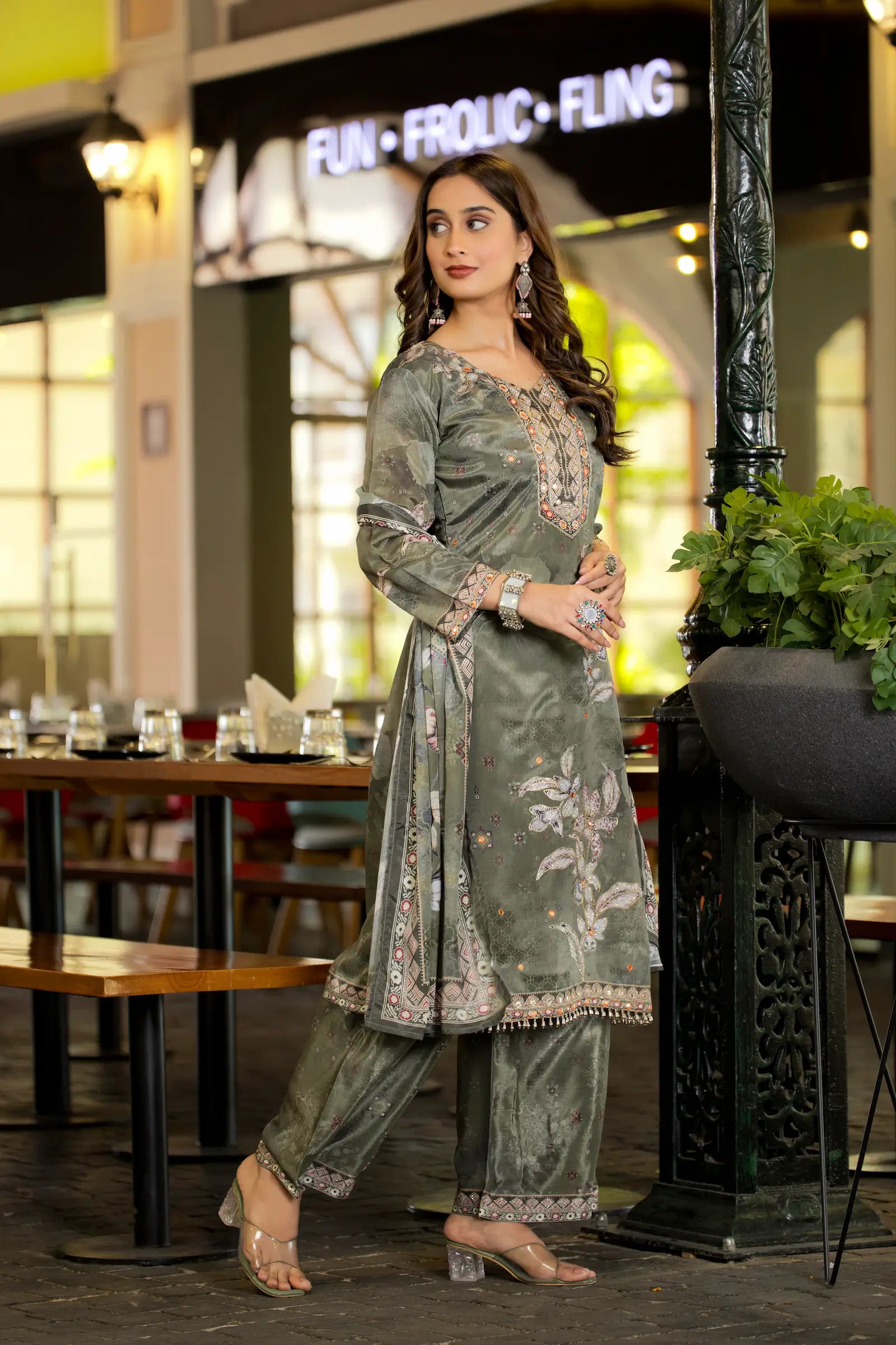 Olive Green Chinon Handwork & Printed Salwar Suit - qivii