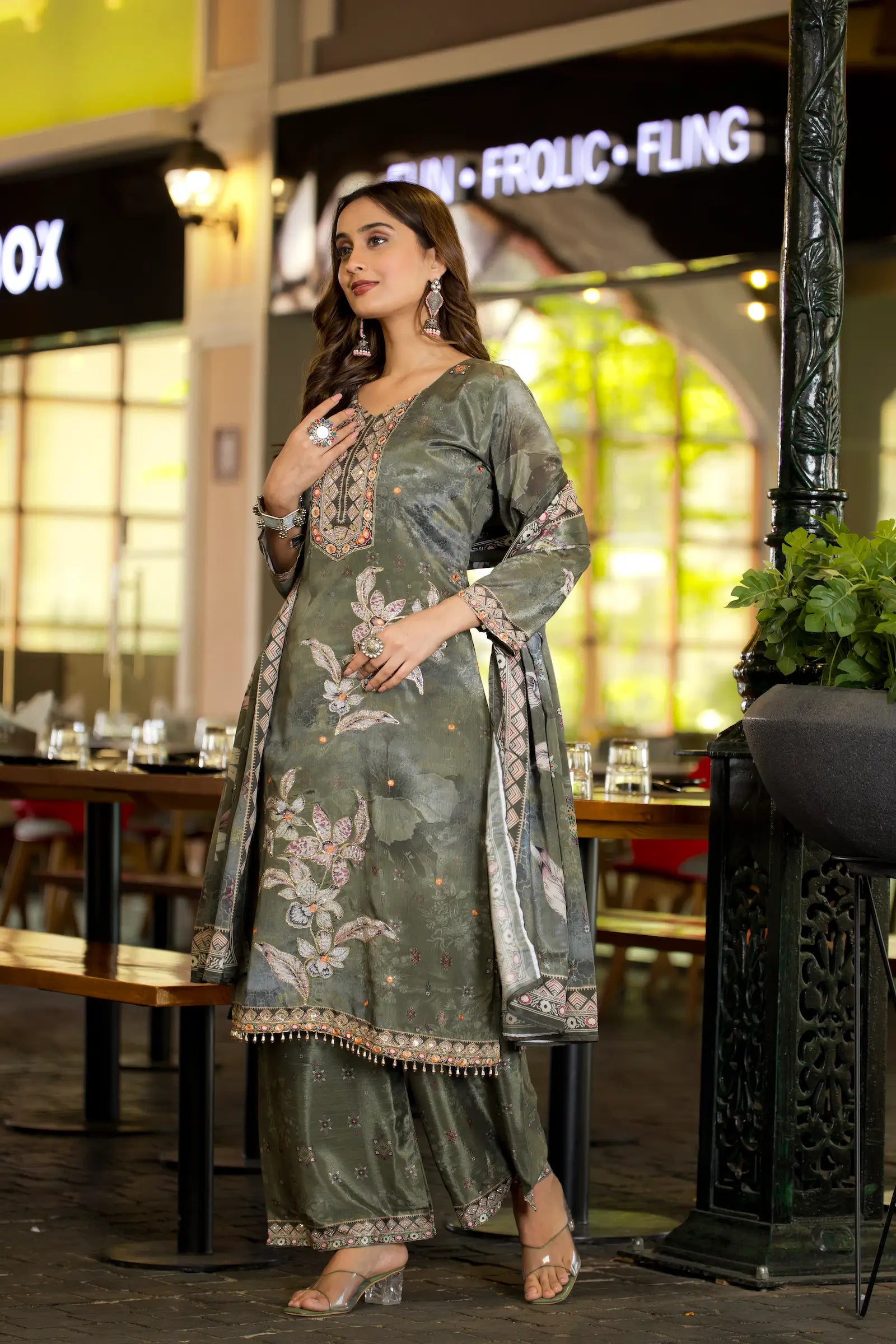 Olive Green Chinon Handwork & Printed Salwar Suit - qivii