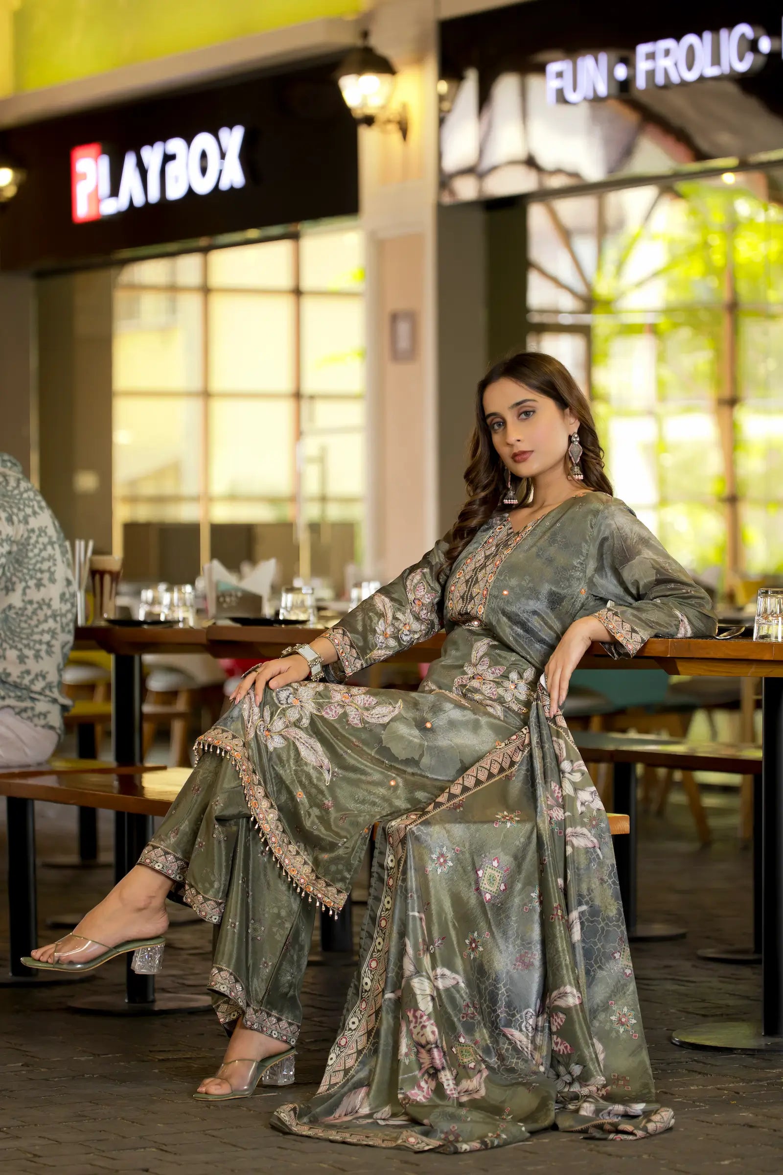 Olive Green Chinon Handwork & Printed Salwar Suit - qivii