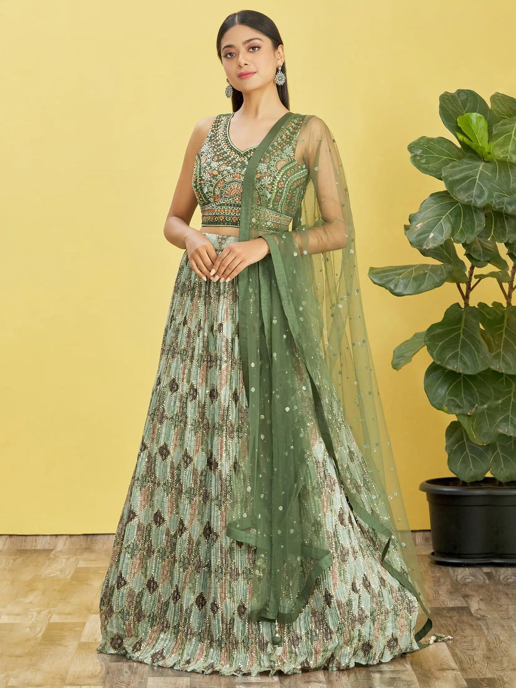 Green Lehenga With Digital Print And Thread Zari Sequins Embroidery Real Mirror Work | Ready To Wear - qivii