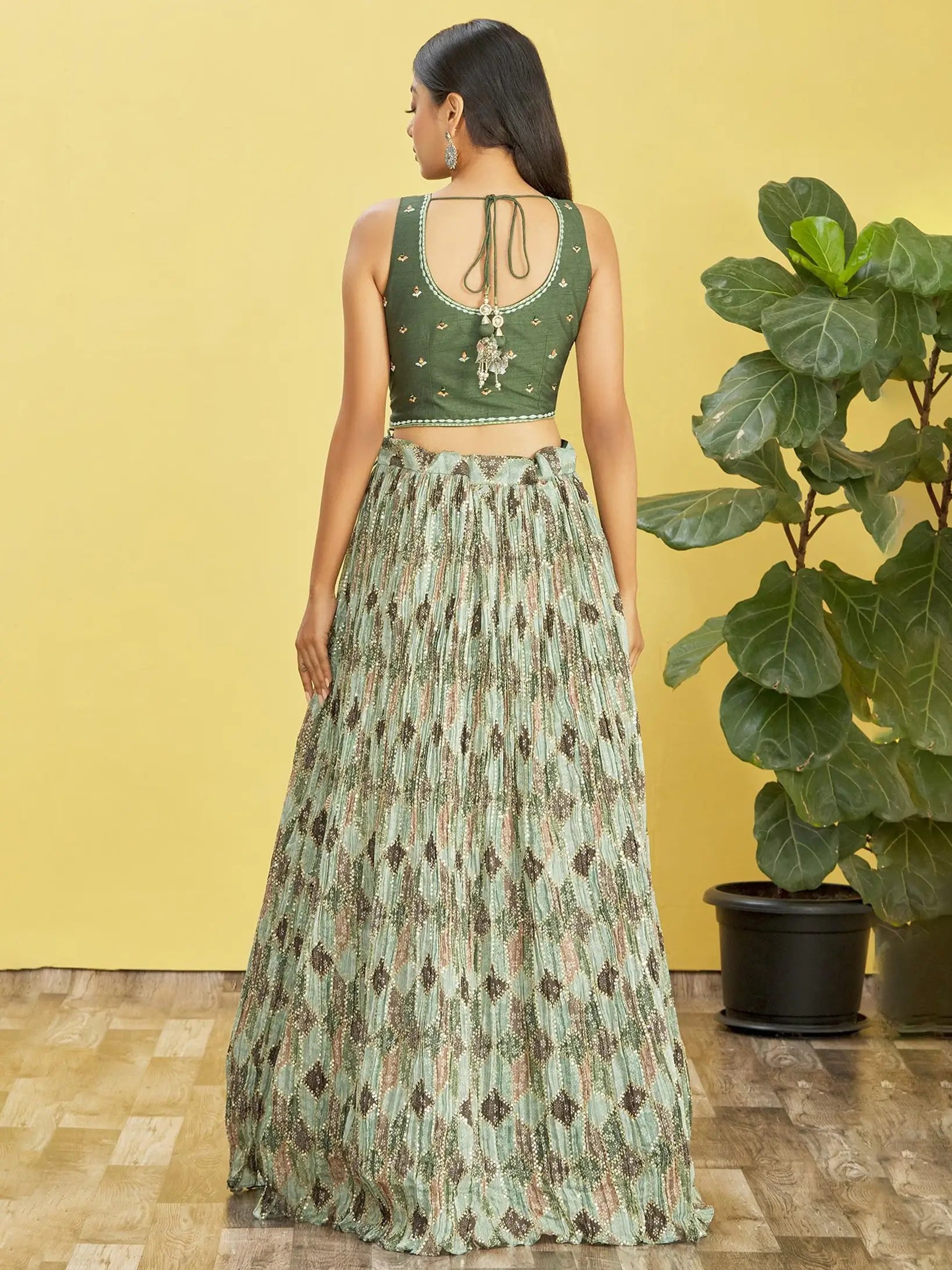 Green Lehenga With Digital Print And Thread Zari Sequins Embroidery Real Mirror Work | Ready To Wear - qivii