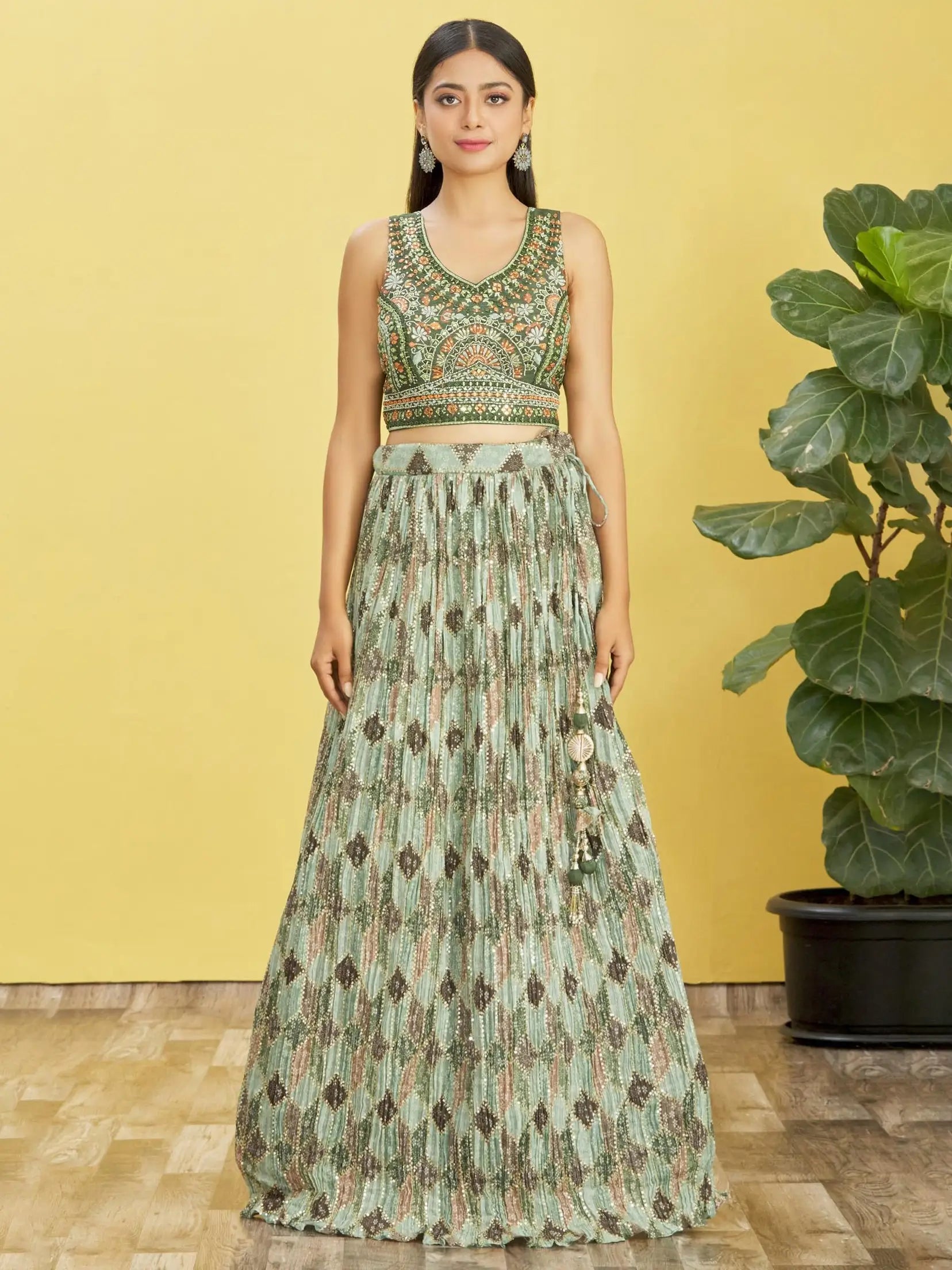 Green Lehenga With Digital Print And Thread Zari Sequins Embroidery Real Mirror Work | Ready To Wear - qivii