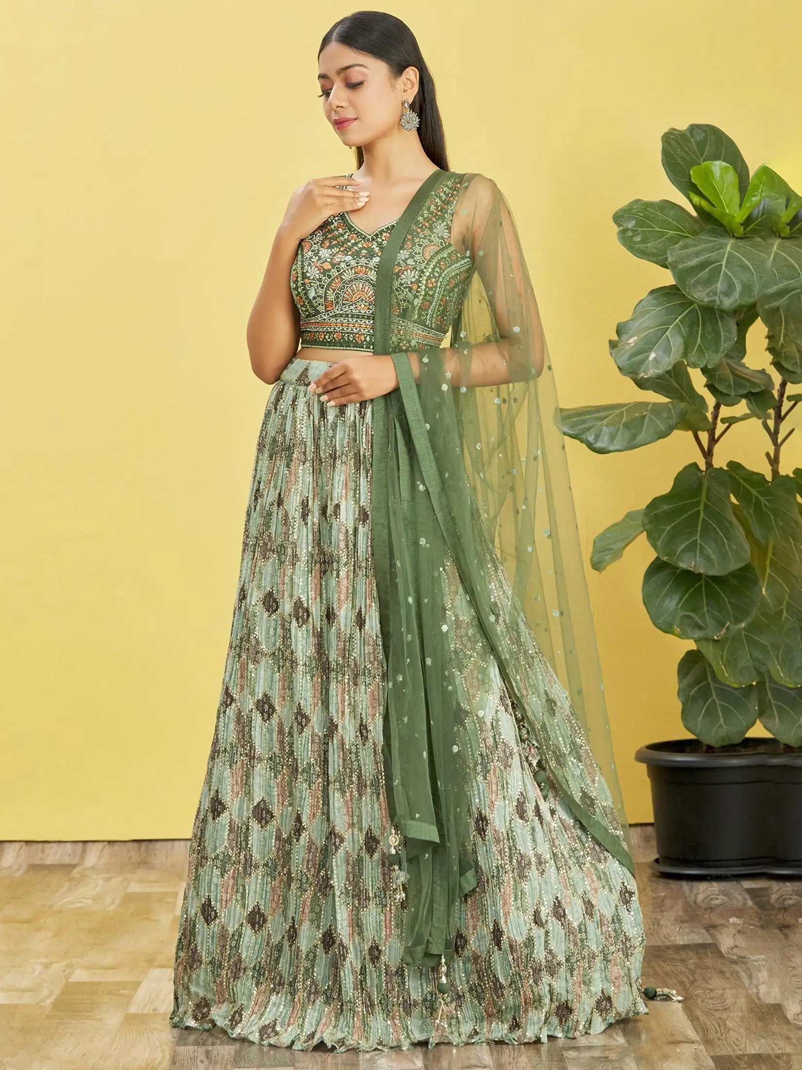 Green Lehenga With Digital Print And Thread Zari Sequins Embroidery Real Mirror Work | Ready To Wear - qivii