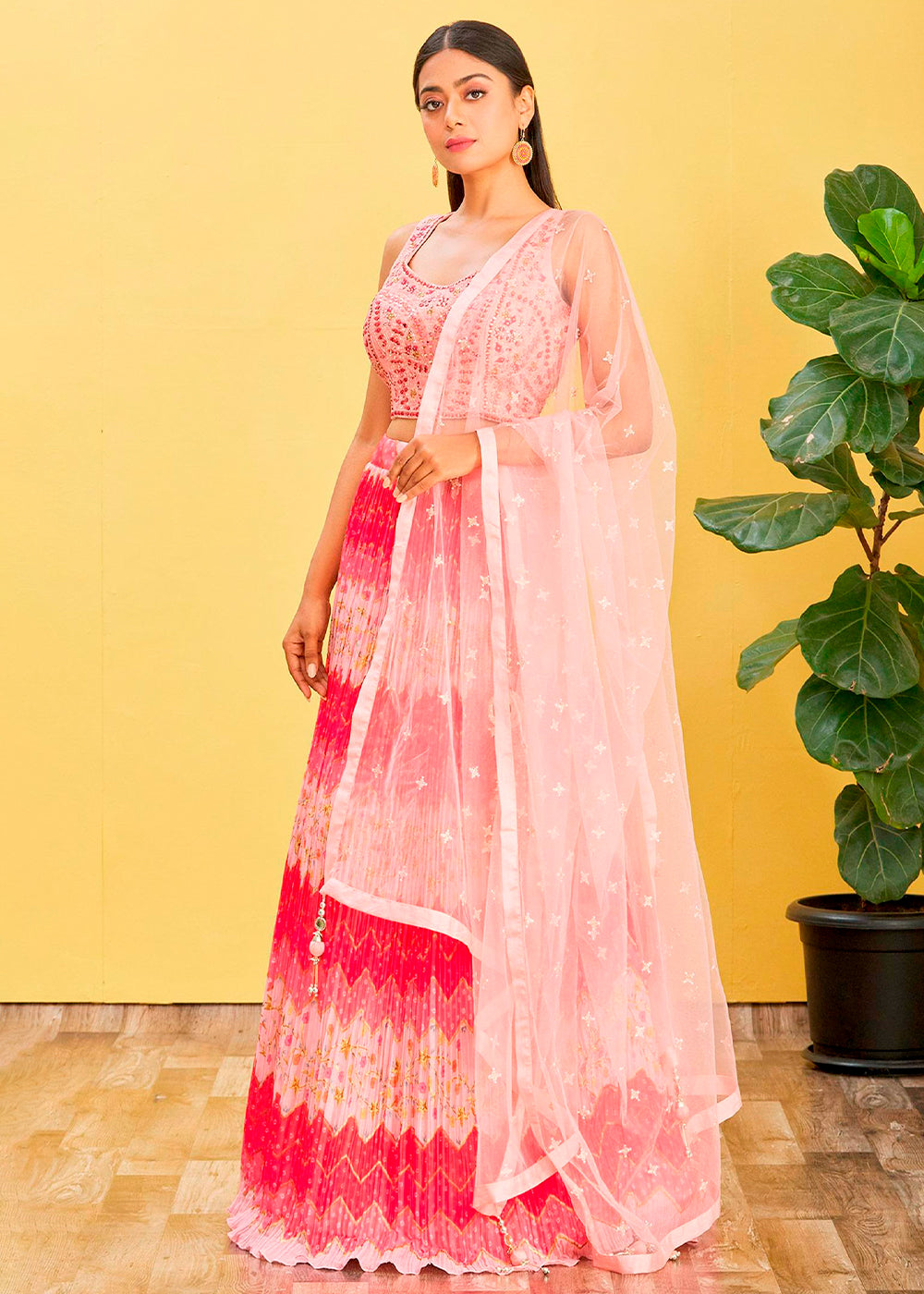 Shades Of Pink Digital Printed Chinnon Lehenga with Thread,Zari & Sequins Work | Ready To Wear - qivii