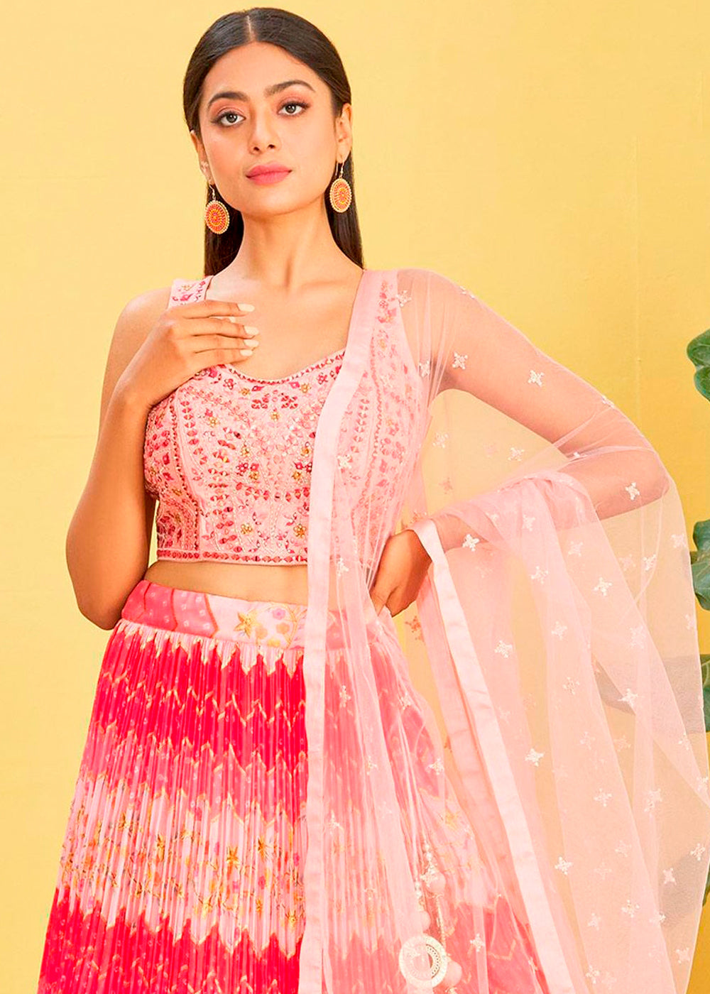 Shades Of Pink Digital Printed Chinnon Lehenga with Thread,Zari & Sequins Work | Ready To Wear - qivii