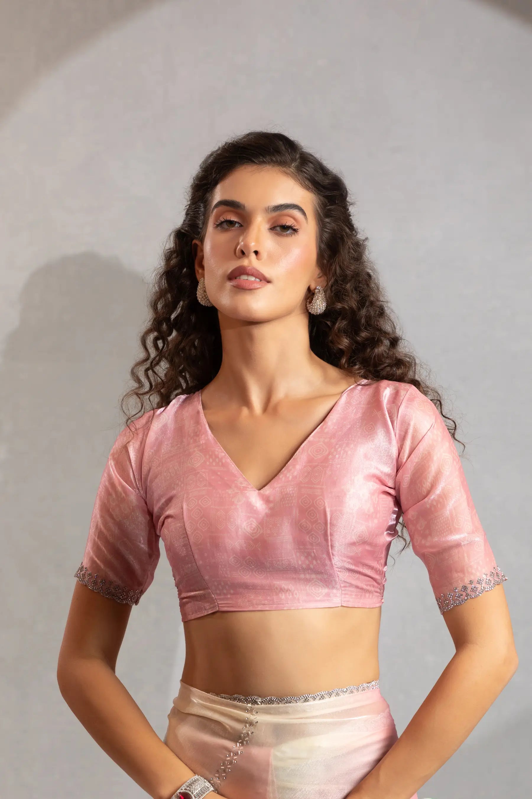 Blush Pink-Ivory Satin Silk Jarkan Hand Work Saree - qivii