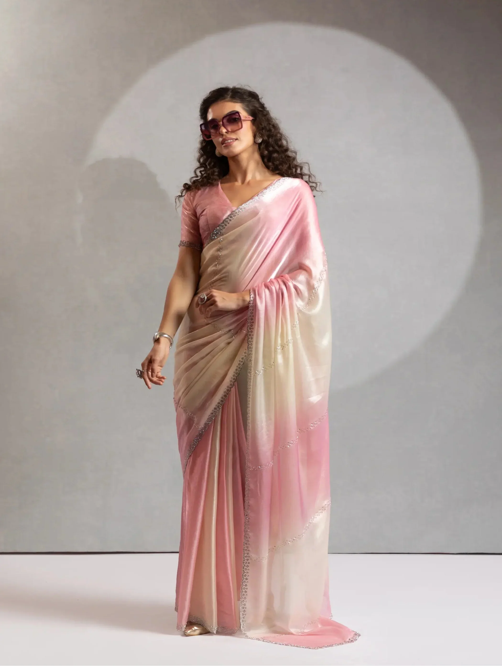 Blush Pink-Ivory Satin Silk Jarkan Hand Work Saree - qivii