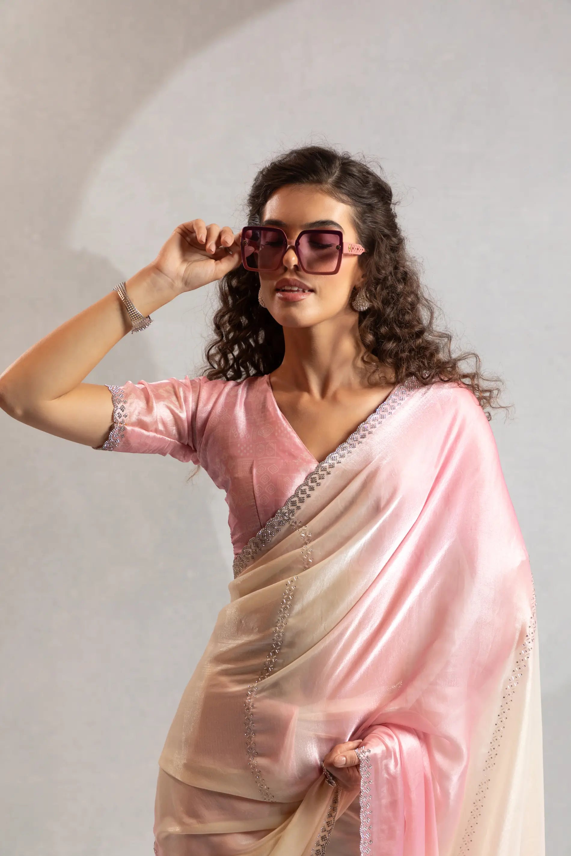Blush Pink-Ivory Satin Silk Jarkan Hand Work Saree - qivii