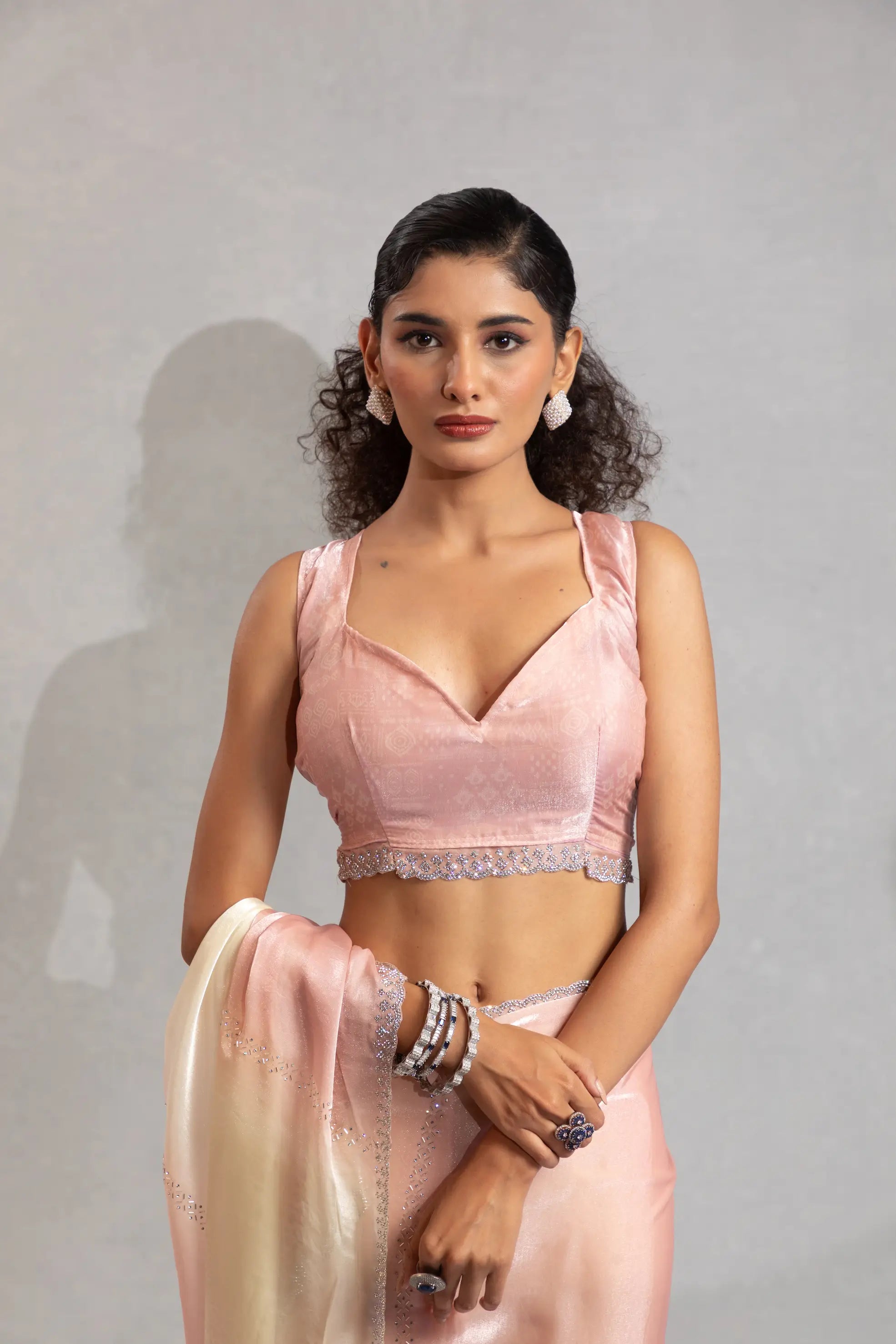 Peach-Ivory Satin Silk Jarkan Hand Work Saree - qivii