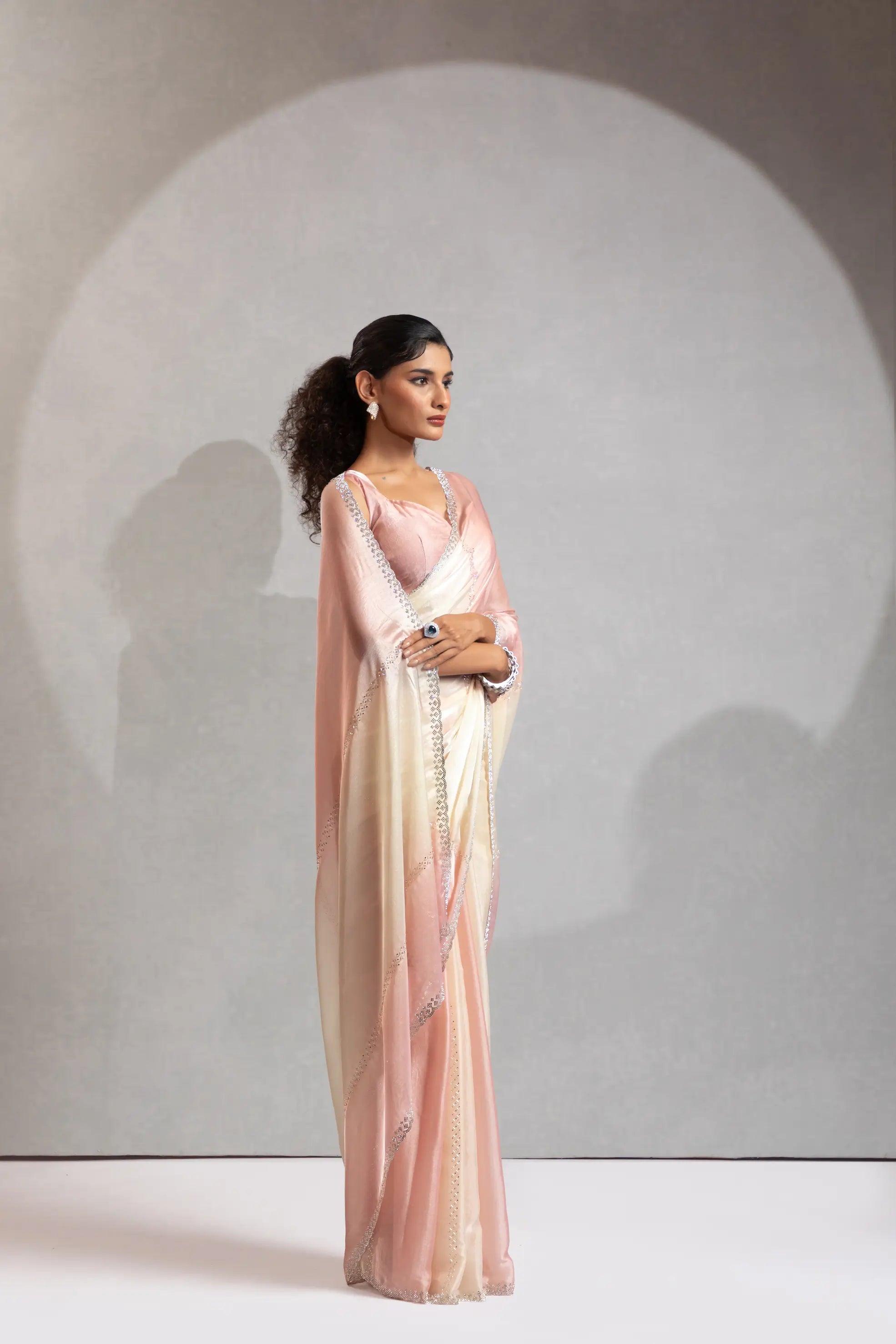 Peach-Ivory Satin Silk Jarkan Hand Work Saree - qivii