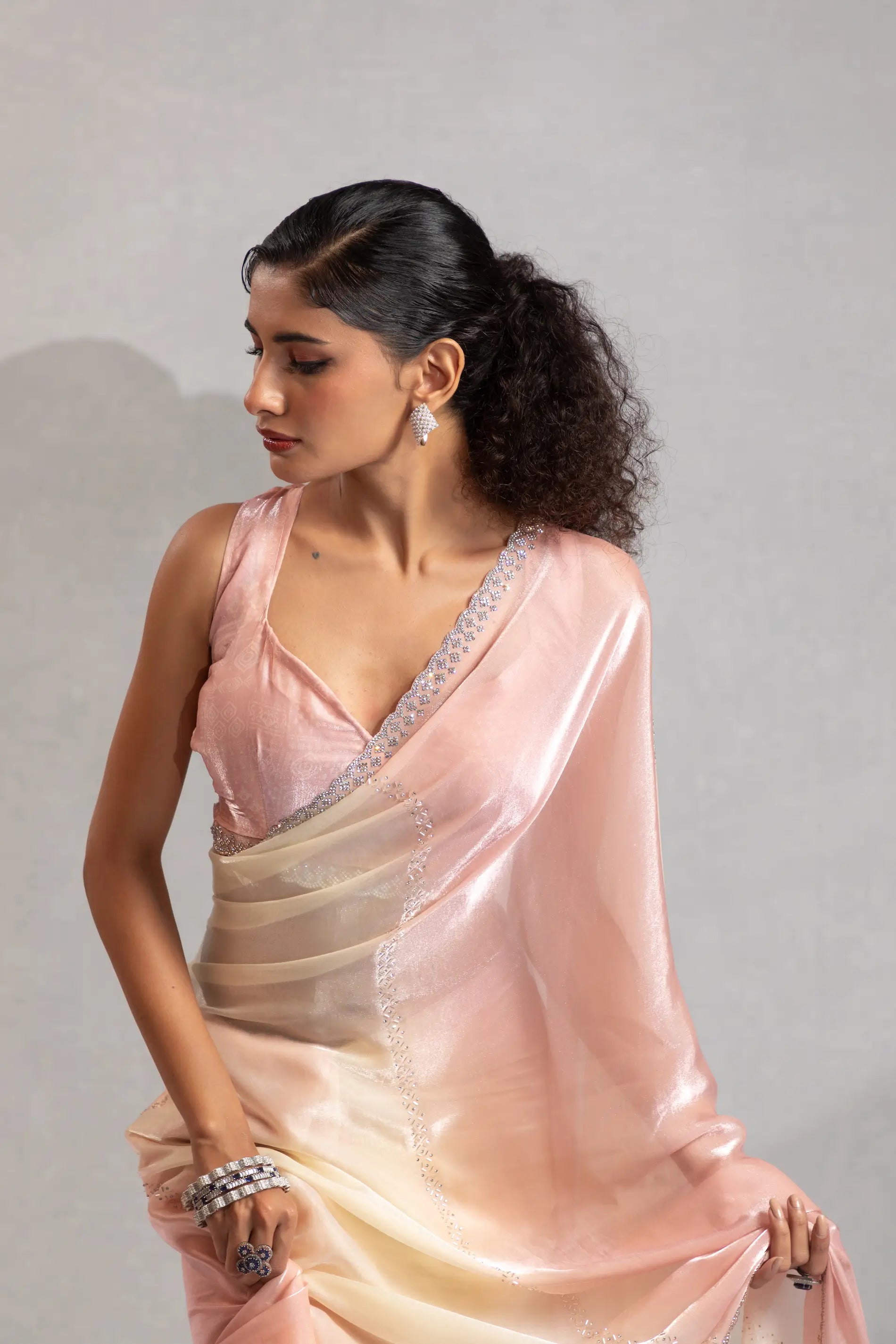 Peach-Ivory Satin Silk Jarkan Hand Work Saree - qivii