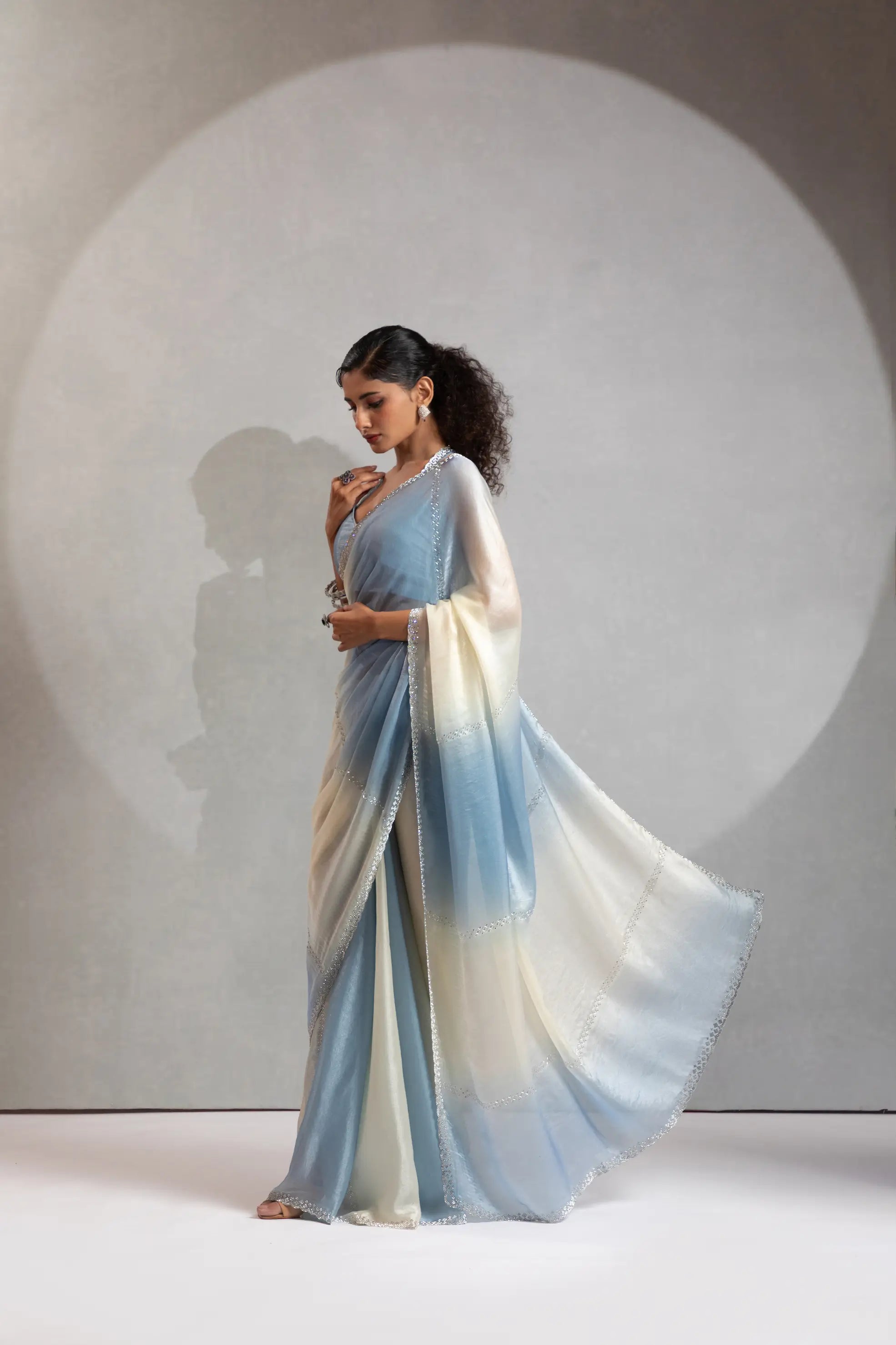 Bluish Grey-Ivory Satin Silk Jarkan Hand Work Saree - qivii