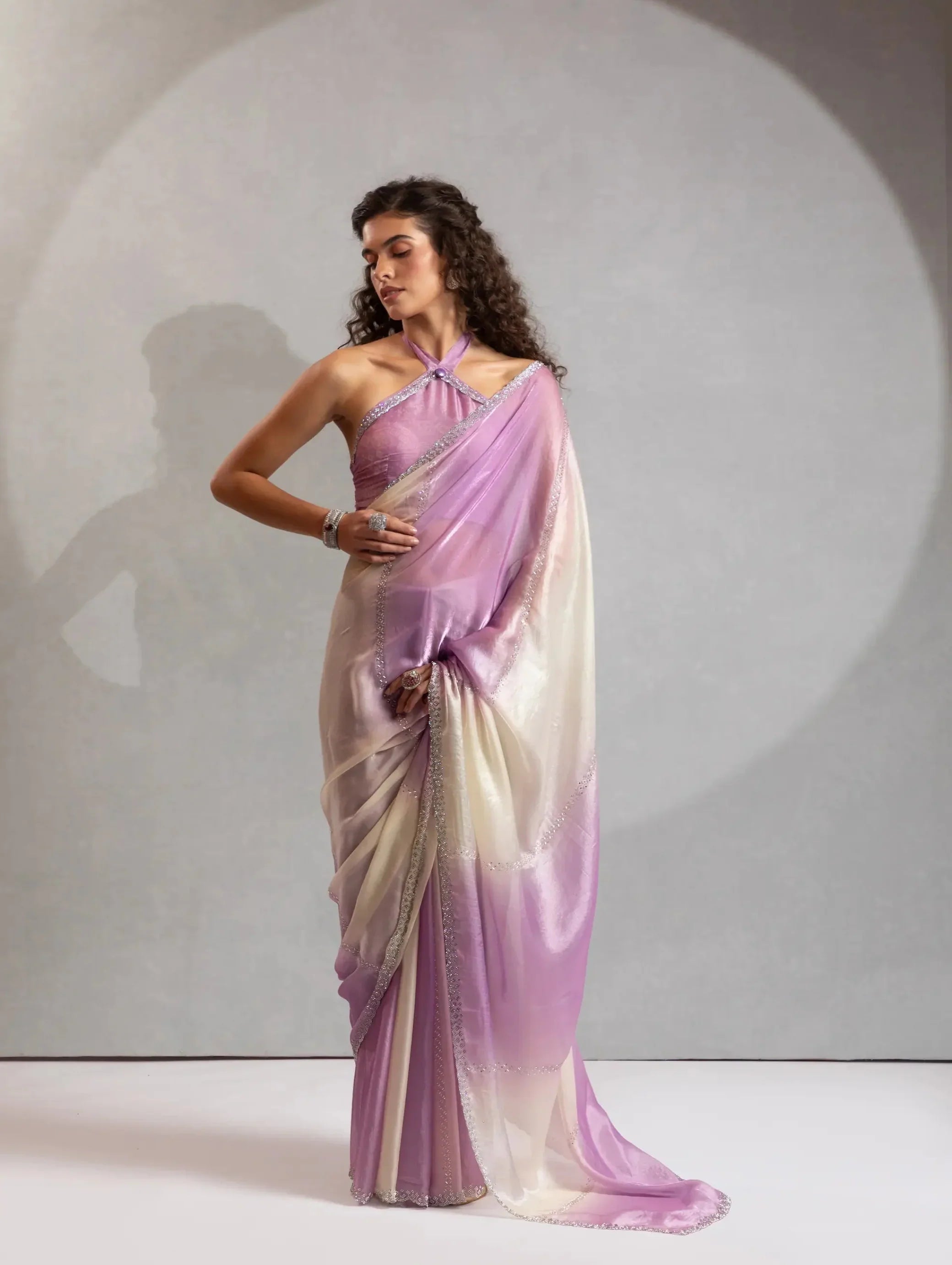Dusty Purple-Ivory Satin Silk Jarkan Hand Work Saree - qivii