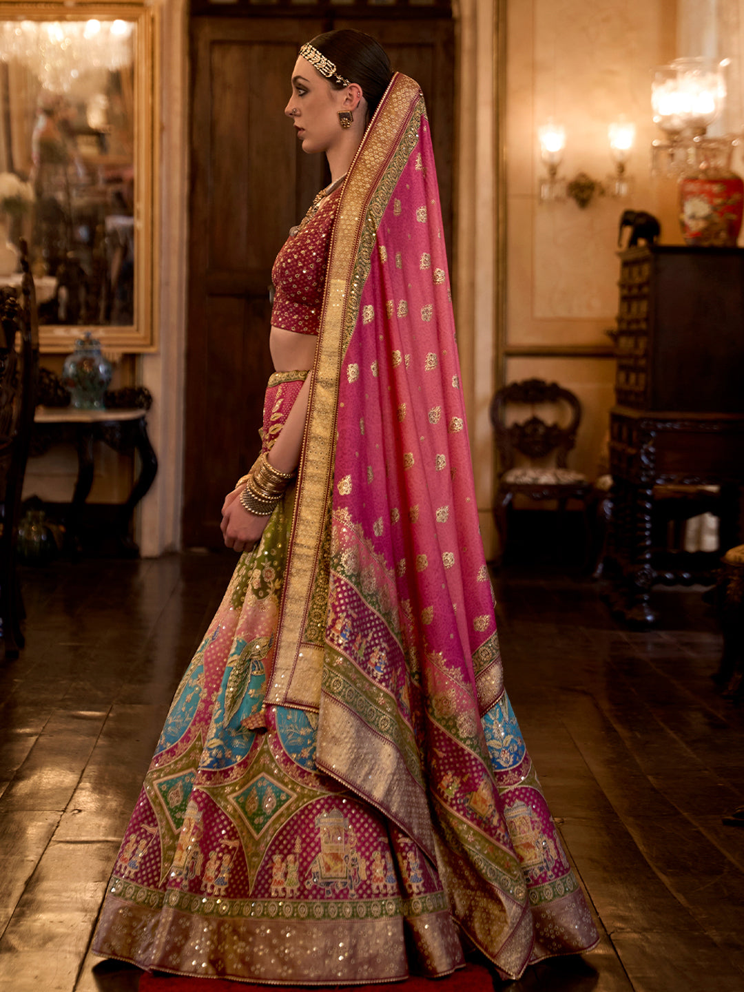 Pink Shade Multi-Color Designer Silk Ready to Wear Lehenga Choli With Sparkle & Aari Mirror Work - qivii