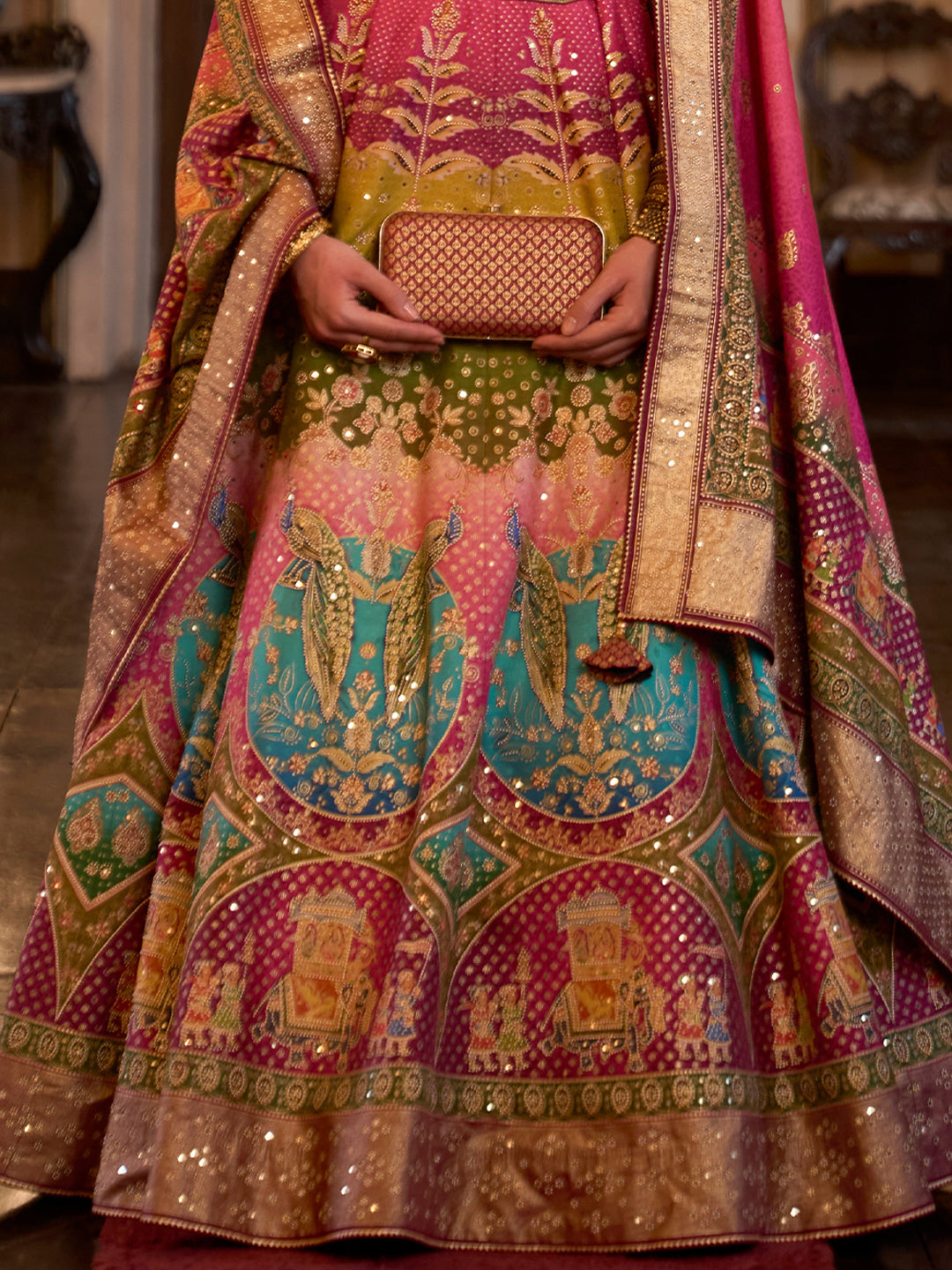Pink Shade Multi-Color Designer Silk Ready to Wear Lehenga Choli With Sparkle & Aari Mirror Work - qivii