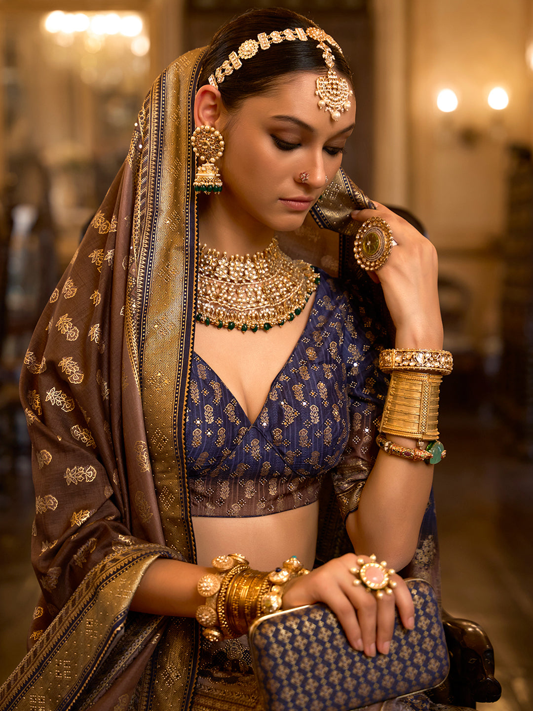 Blue-Golden Designer Silk Ready to Wear Lehenga Choli With Sparkle & Aari Mirror Work - qivii