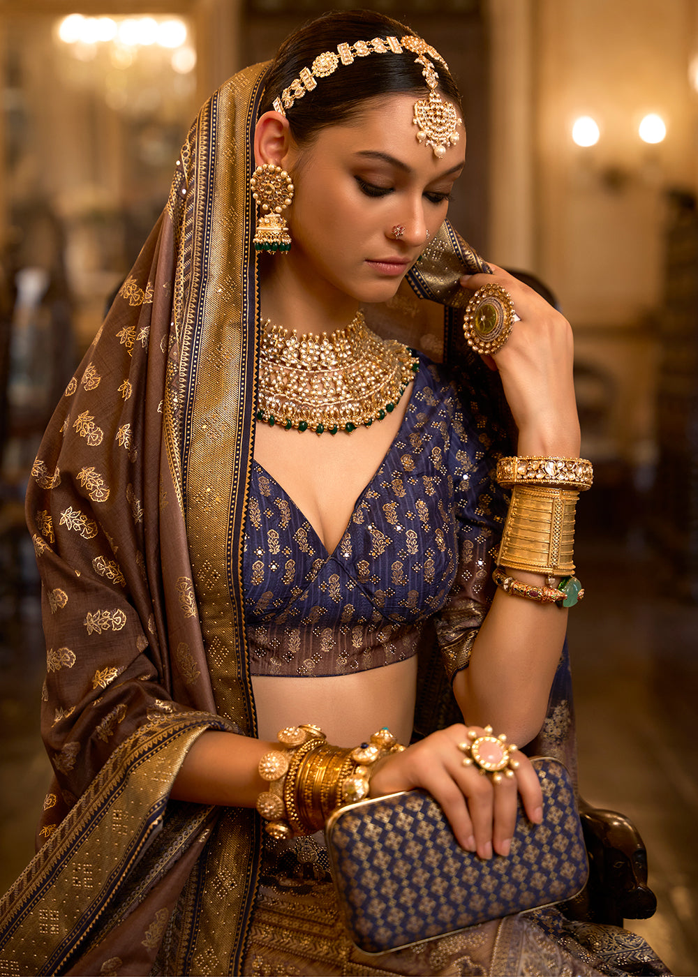 Pink & Brown Ready to Wear Designer Silk Lehenga Choli with Sparkle & Aari Mirror work | Ready To Wear - qivii