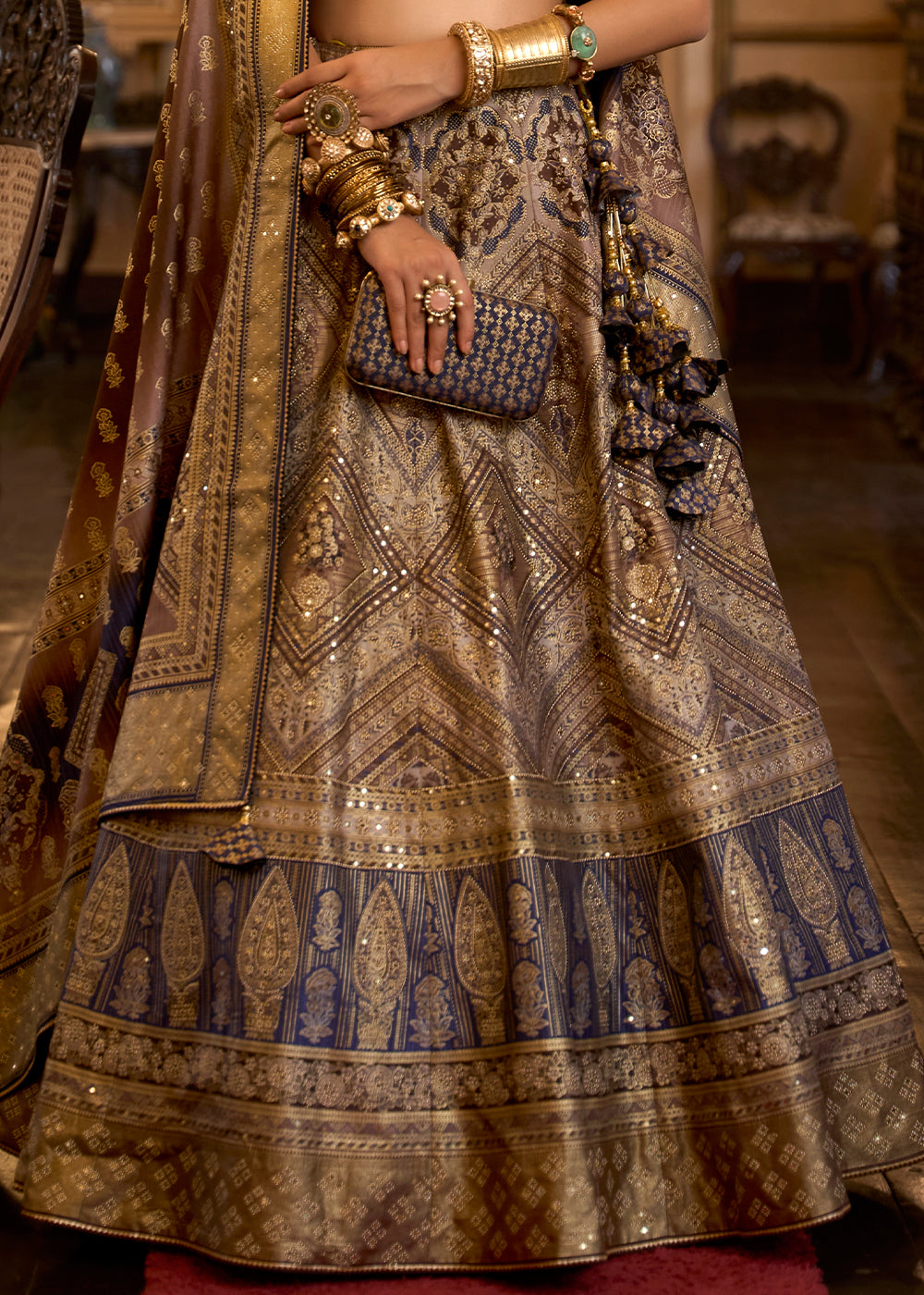 Pink & Brown Ready to Wear Designer Silk Lehenga Choli with Sparkle & Aari Mirror work | Ready To Wear - qivii