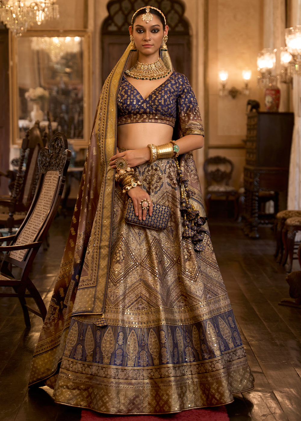 Pink & Brown Ready to Wear Designer Silk Lehenga Choli with Sparkle & Aari Mirror work | Ready To Wear - qivii