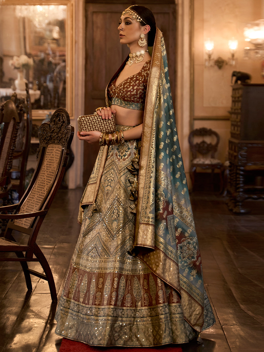 Grey-Brown Designer Silk Ready to Wear Lehenga Choli With Sparkle & Aari Mirror Work - qivii