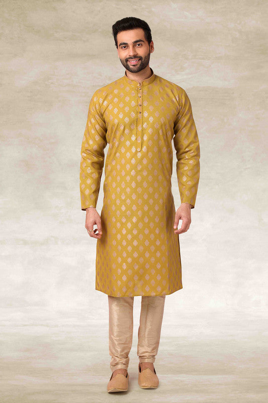 Men's Cotton Printed Work Kurta Pajama In Mustard Colour