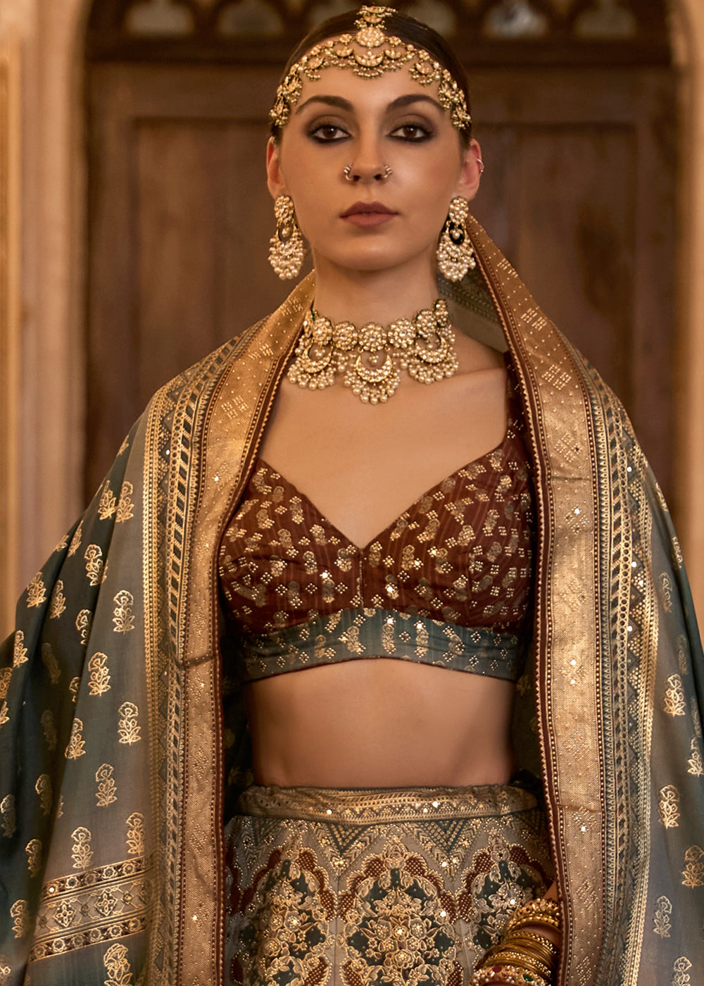 Blue & Brown Ready to Wear Designer Silk Lehenga Choli with Sparkle & Aari Mirror work | Ready To Wear - qivii