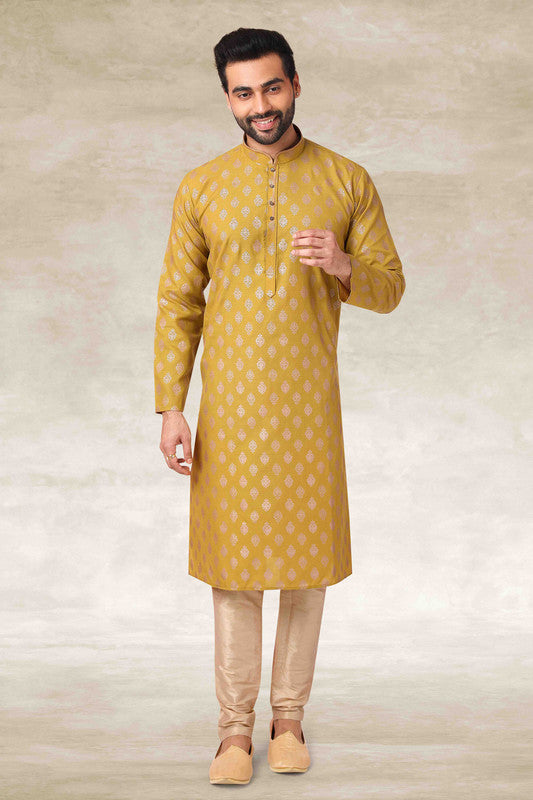 Men's Cotton Printed Work Kurta Pajama In Mustard Colour