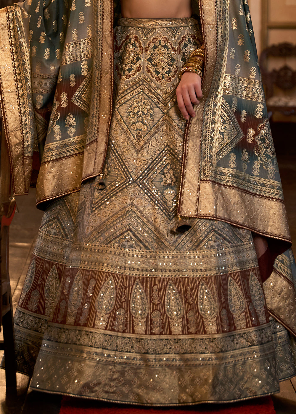 Blue & Brown Ready to Wear Designer Silk Lehenga Choli with Sparkle & Aari Mirror work | Ready To Wear - qivii