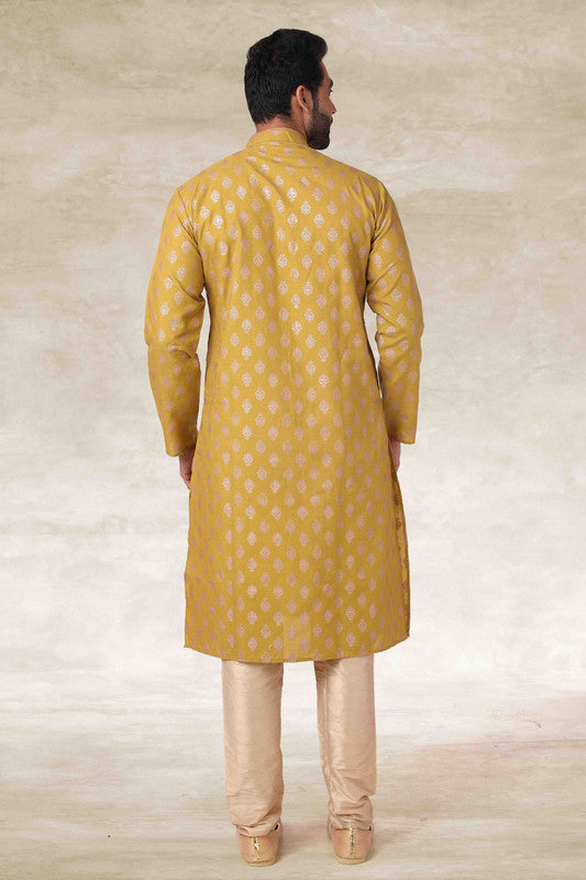 Men's Cotton Printed Work Kurta Pajama In Mustard Colour