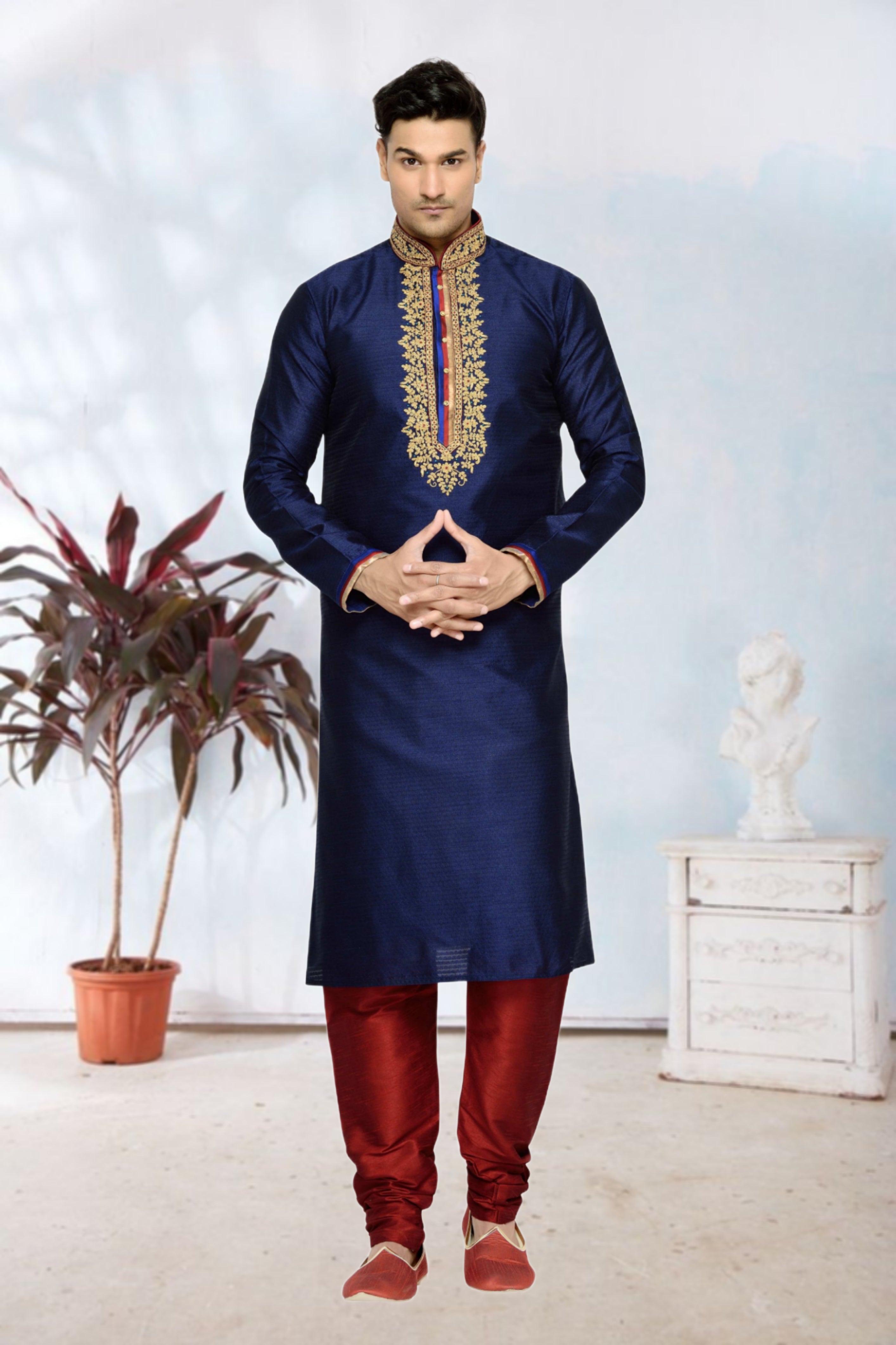 Men's Cotton Printed Work Kurta Pajama In Mustard Colour