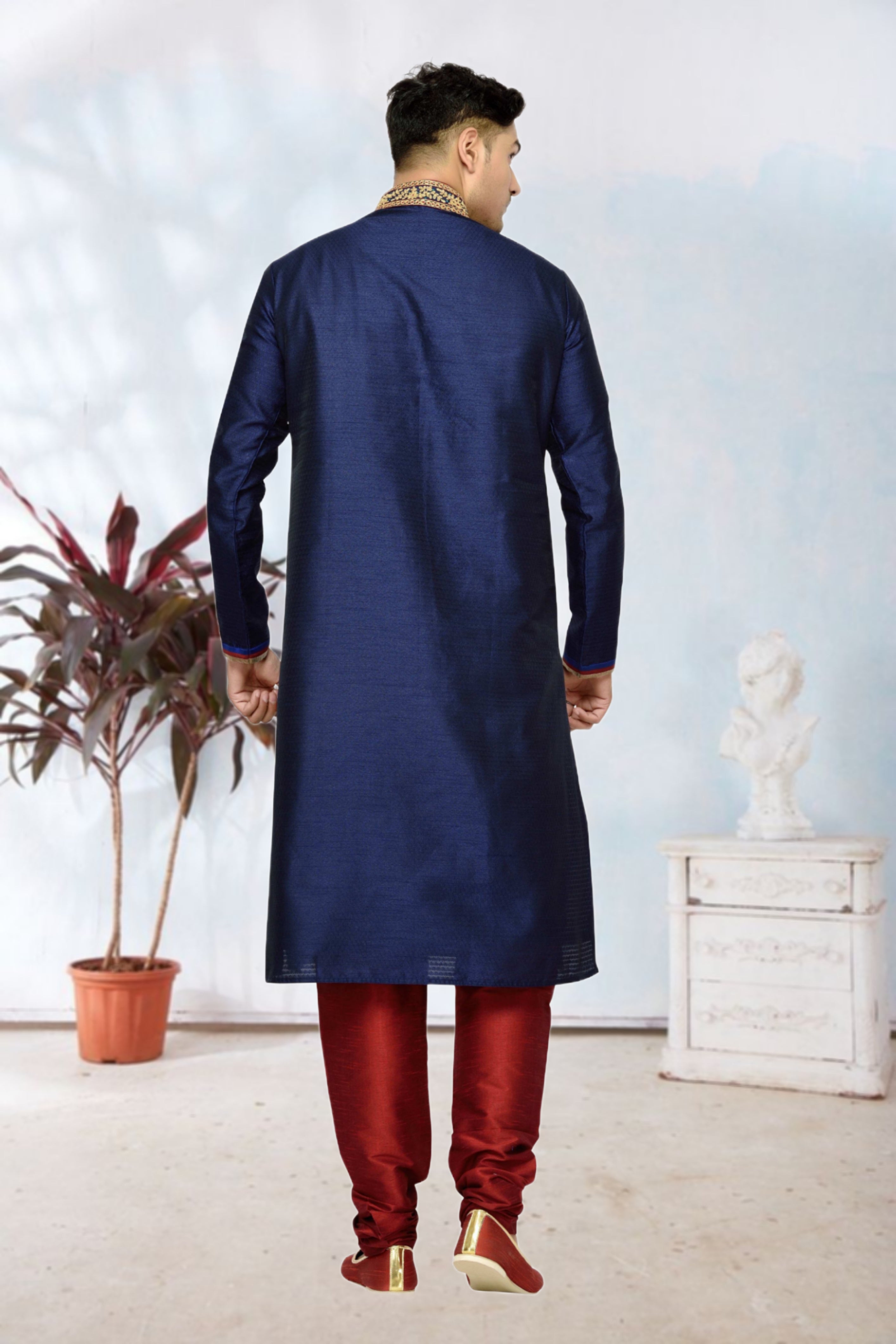 Men's Cotton Printed Work Kurta Pajama In Mustard Colour