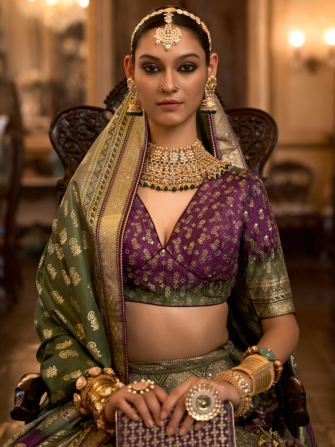 Green-Purple Designer Silk Ready to Wear Lehenga Choli With Sparkle & Aari Mirror Work - qivii