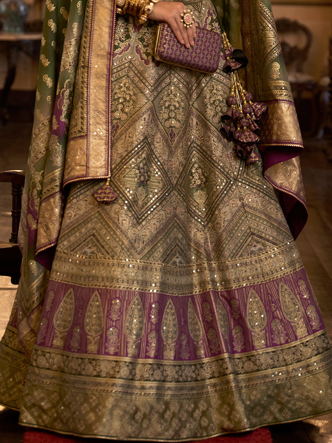 Green-Purple Designer Silk Ready to Wear Lehenga Choli With Sparkle & Aari Mirror Work - qivii