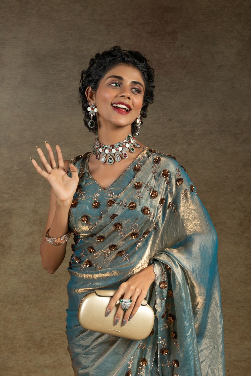 Blue Two Tone Satin Silk With Zarkan & Applique Sequence Cut Work Border Saree - qivii