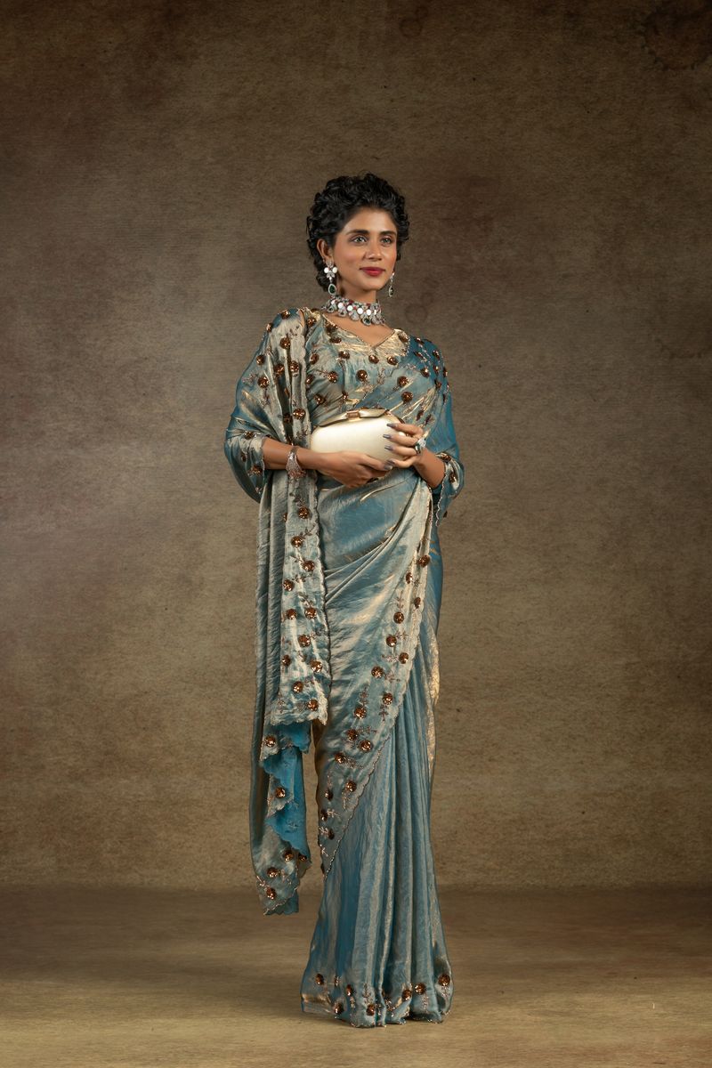 Blue Two Tone Satin Silk With Zarkan & Applique Sequence Cut Work Border Saree - qivii