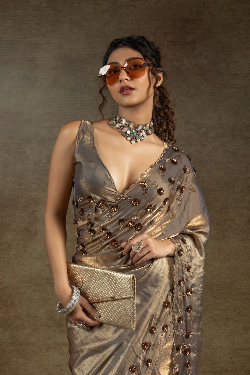 Gold & Grey Two Tone Satin Silk With Zarkan & Applique Sequence Cut Work Border Saree - qivii