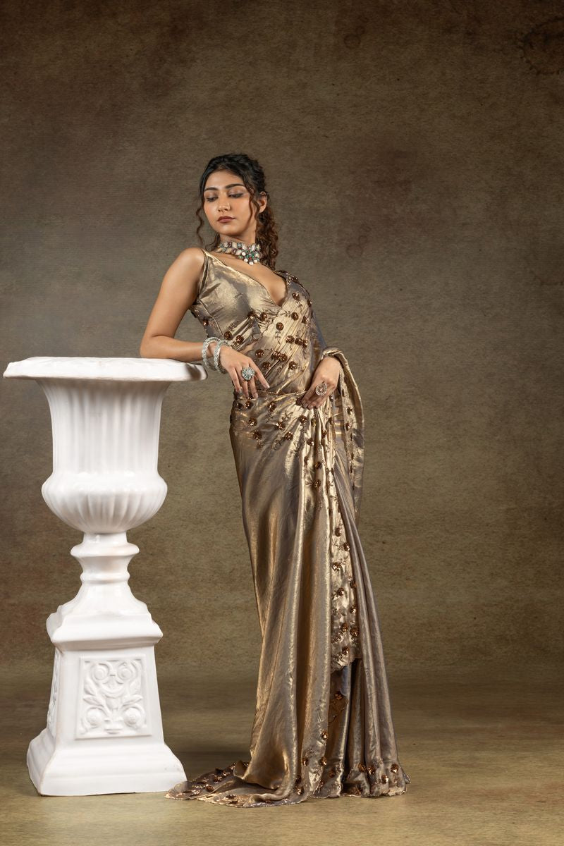 Gold & Grey Two Tone Satin Silk With Zarkan & Applique Sequence Cut Work Border Saree - qivii