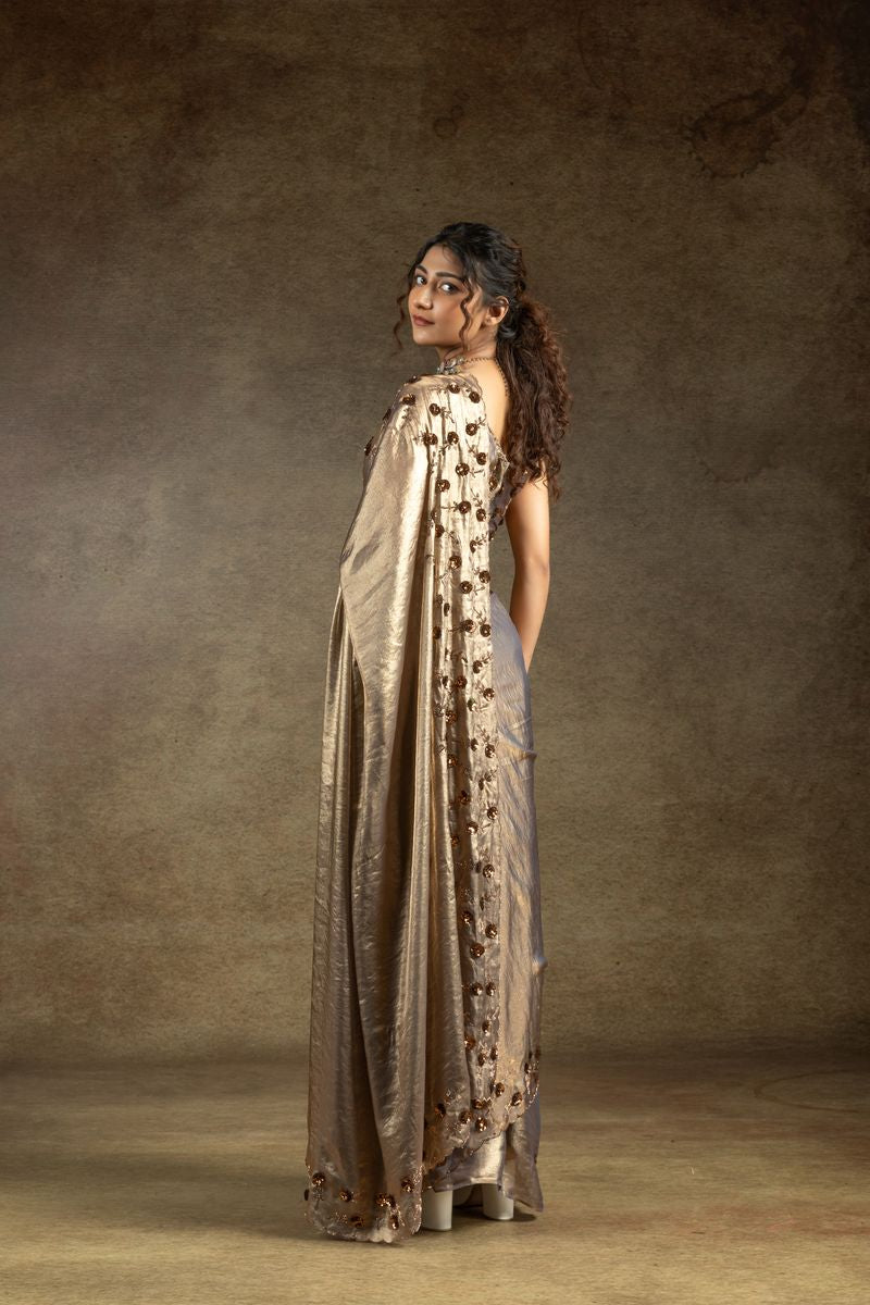 Gold & Grey Two Tone Satin Silk With Zarkan & Applique Sequence Cut Work Border Saree - qivii