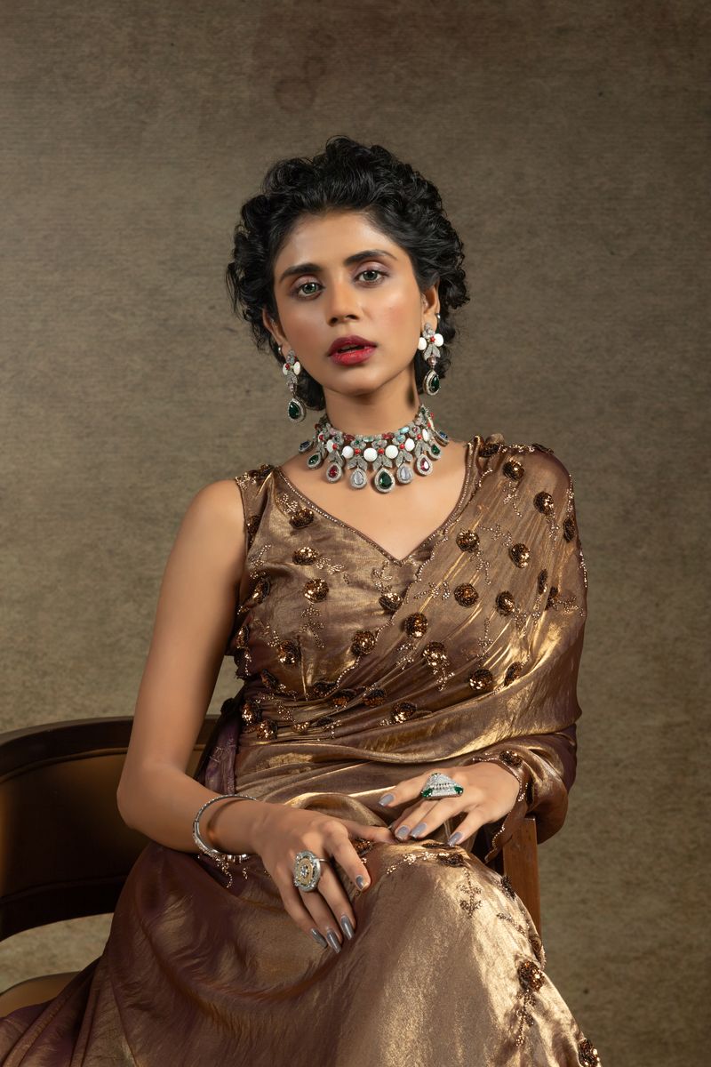 Metalic Gold Two Tone Satin Silk With Zarkan & Applique Sequence Cut Work Border Saree - qivii
