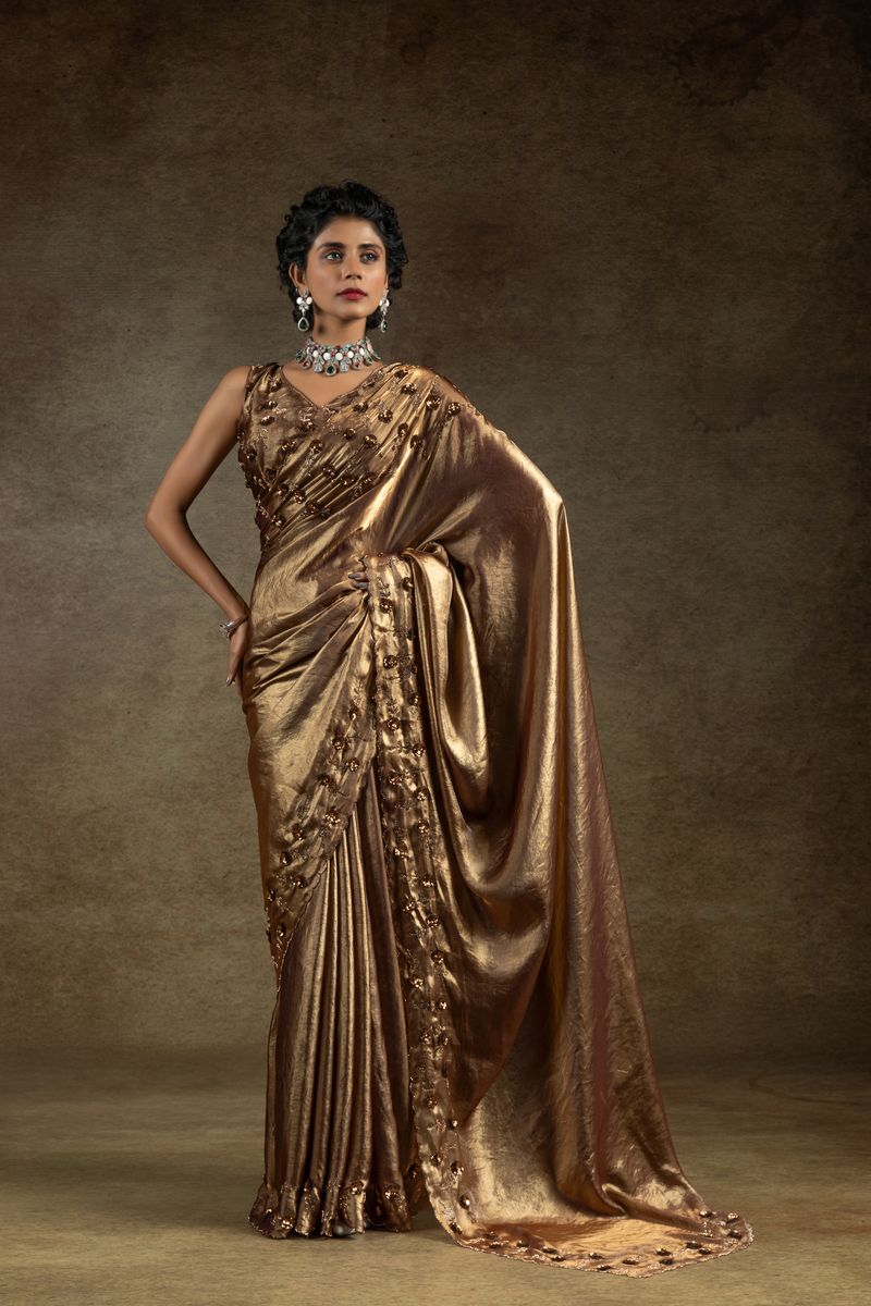 Metalic Gold Two Tone Satin Silk With Zarkan & Applique Sequence Cut Work Border Saree - qivii