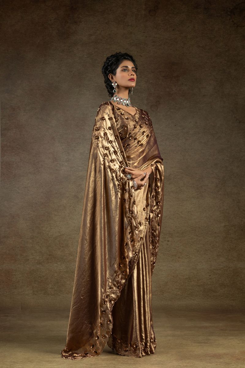 Metalic Gold Two Tone Satin Silk With Zarkan & Applique Sequence Cut Work Border Saree - qivii