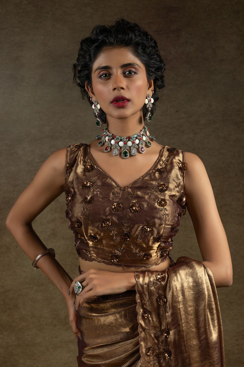 Metalic Gold Two Tone Satin Silk With Zarkan & Applique Sequence Cut Work Border Saree - qivii