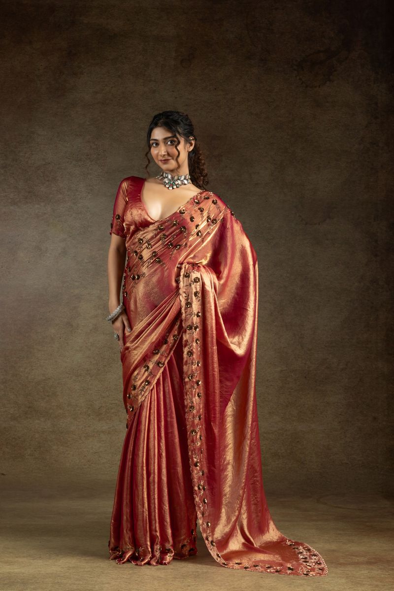 Shade Pink Two Tone Satin Silk With Zarkan & Applique Sequence Cut Work Border Saree - qivii