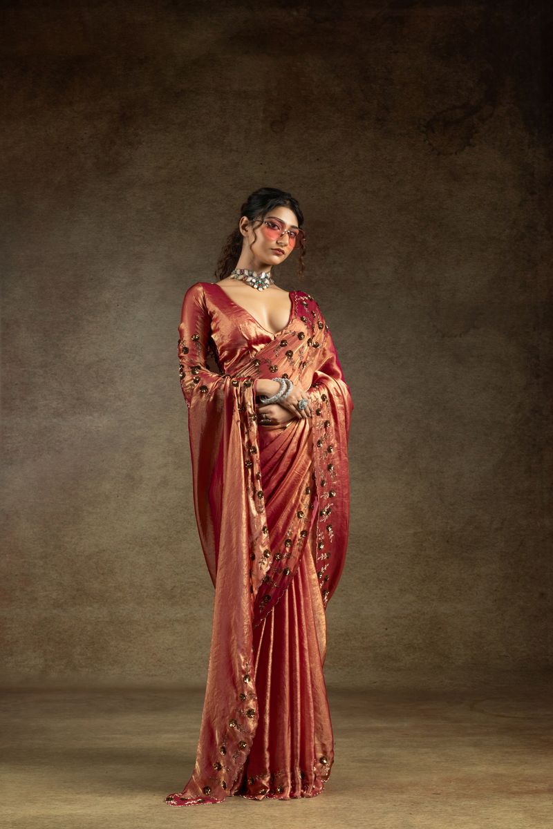 Shade Pink Two Tone Satin Silk With Zarkan & Applique Sequence Cut Work Border Saree - qivii