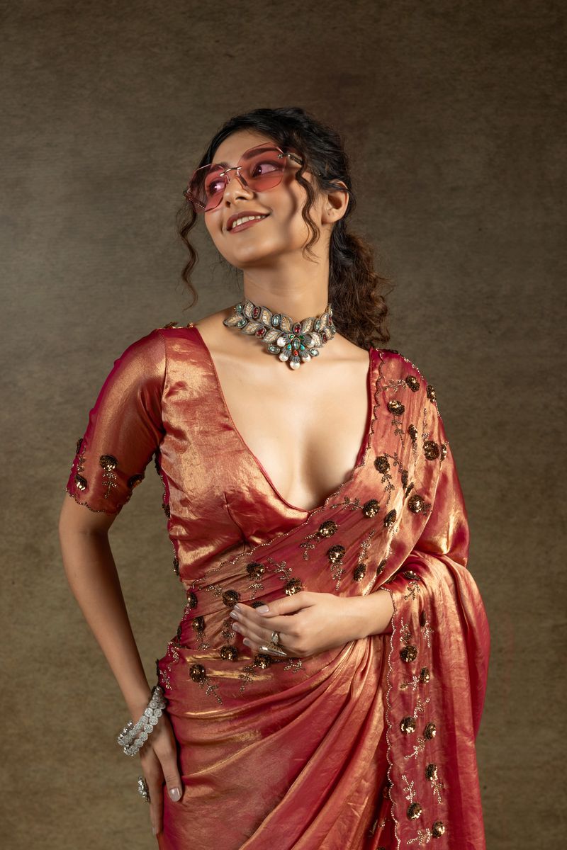 Shade Pink Two Tone Satin Silk With Zarkan & Applique Sequence Cut Work Border Saree - qivii
