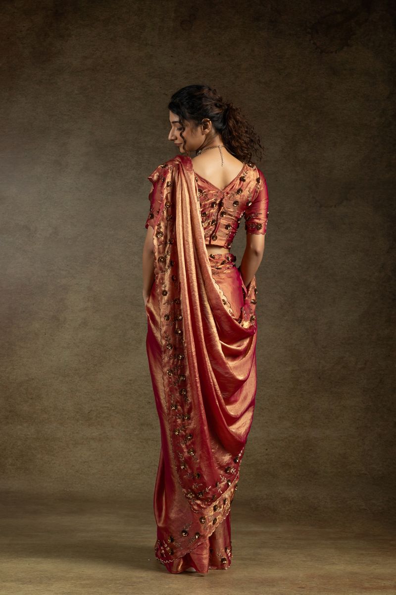 Shade Pink Two Tone Satin Silk With Zarkan & Applique Sequence Cut Work Border Saree - qivii